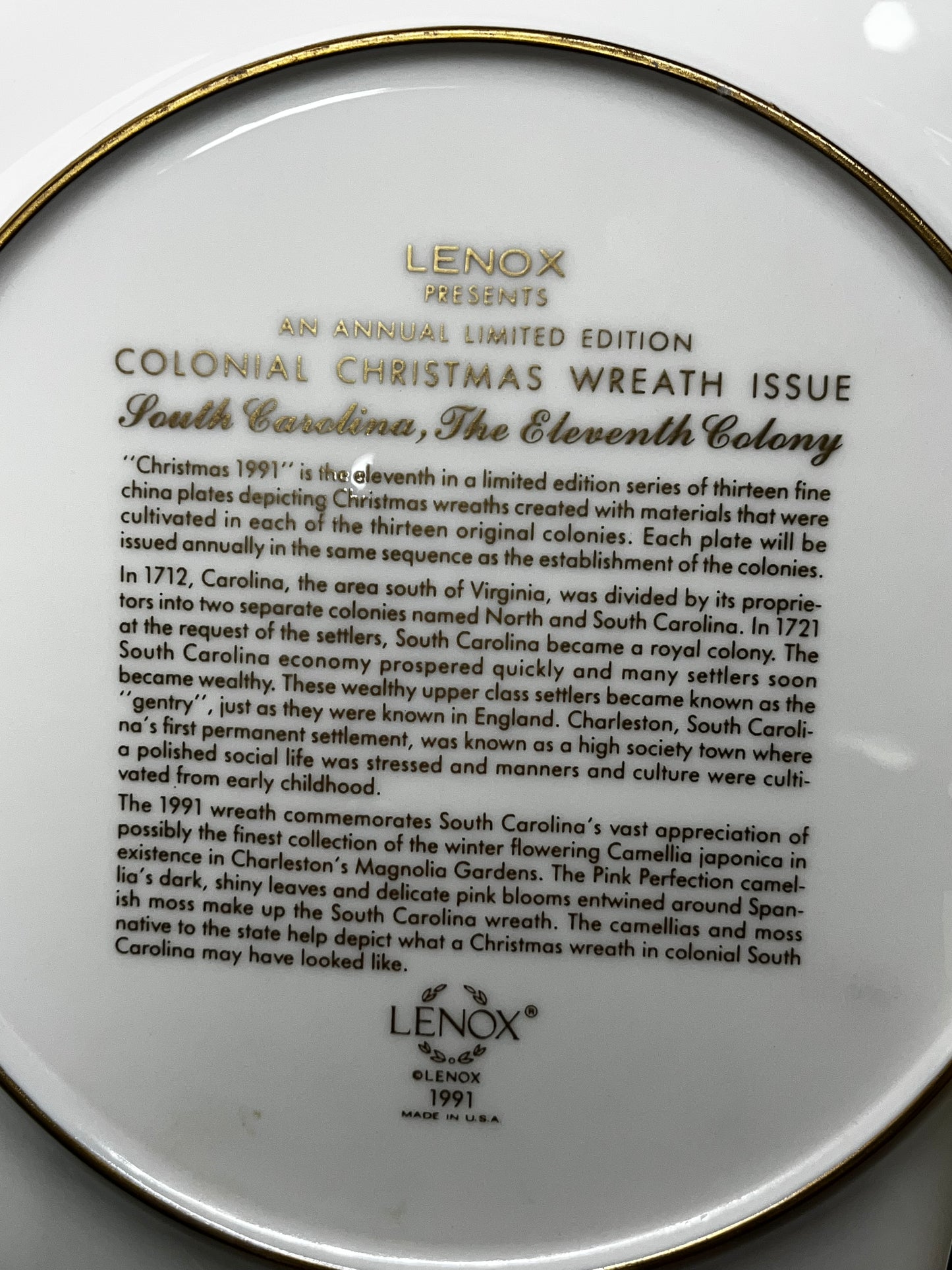 Vintage Collectible Colonial Wreath Series Limited Edition Lenox 1991 Decorative Plate