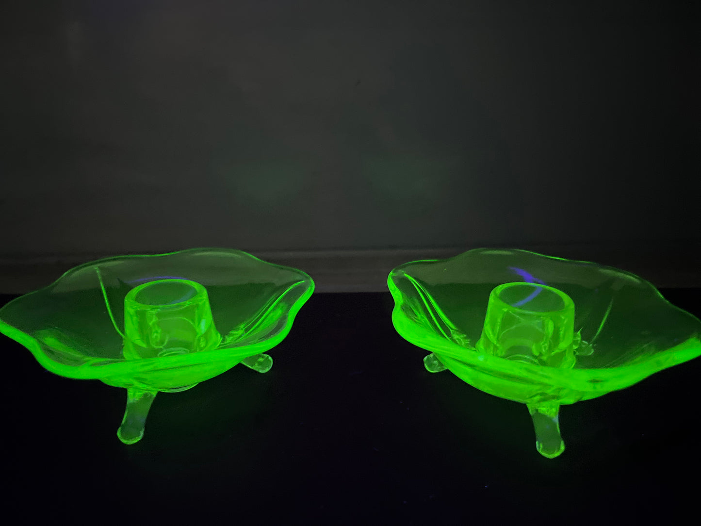 Vintage Set Of Uranium Glass Lotus Candle Holders