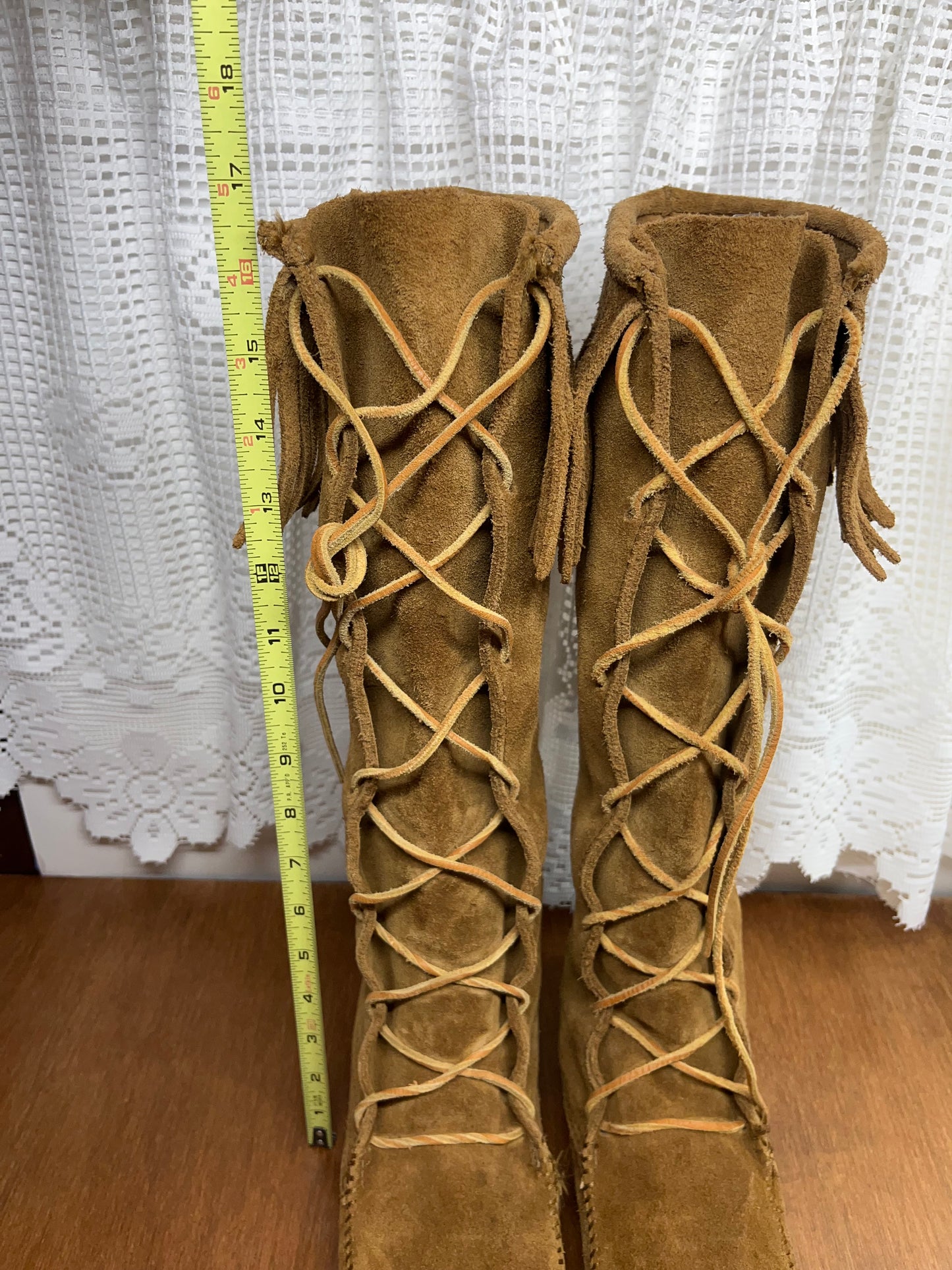 Brown Fringe Boho-chic Minnetonka Moccasin Front lace knee high boots!