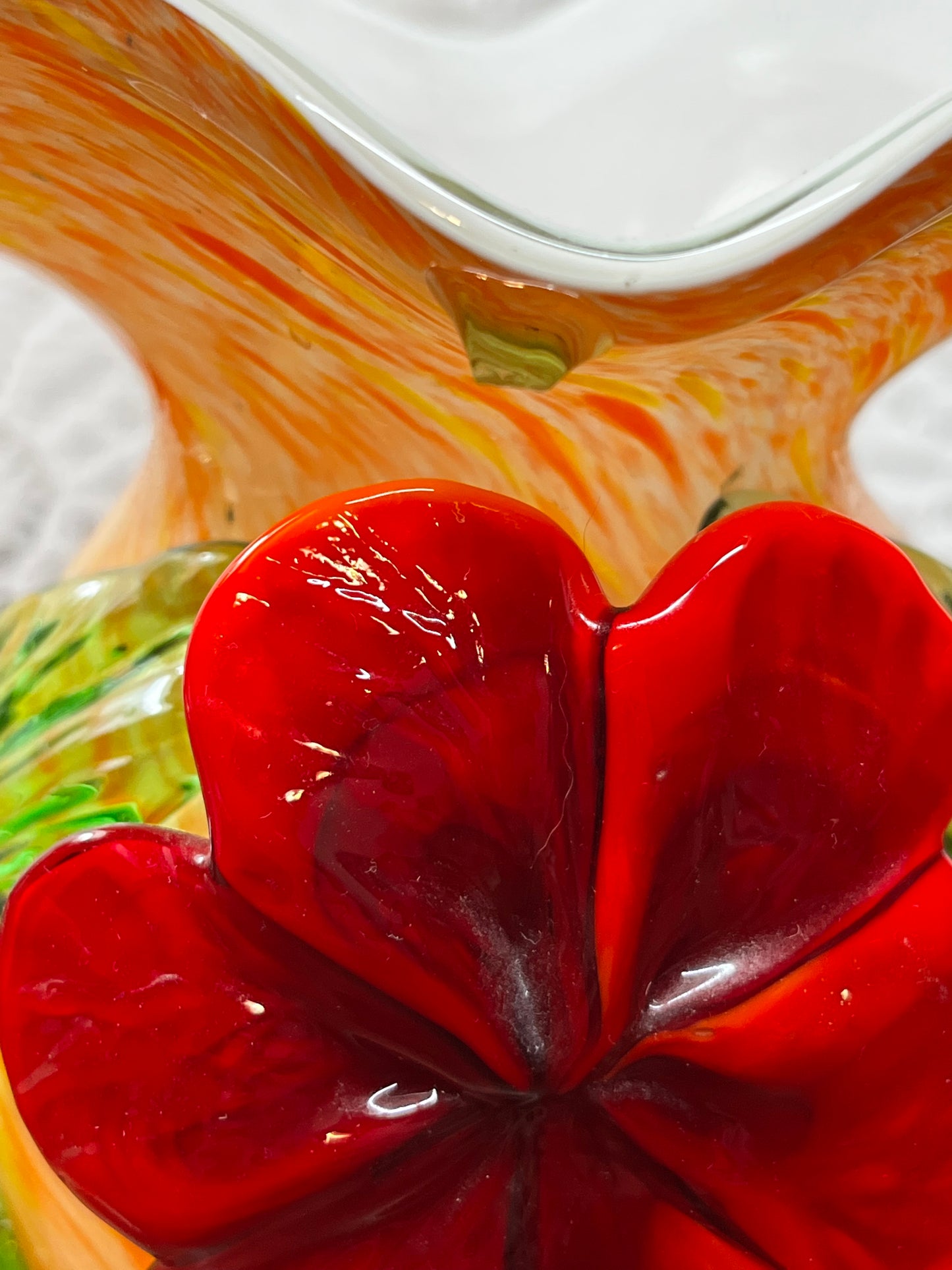 Vintage Floral Art Glass Hand Blown With Red flower & Leaves Vase
