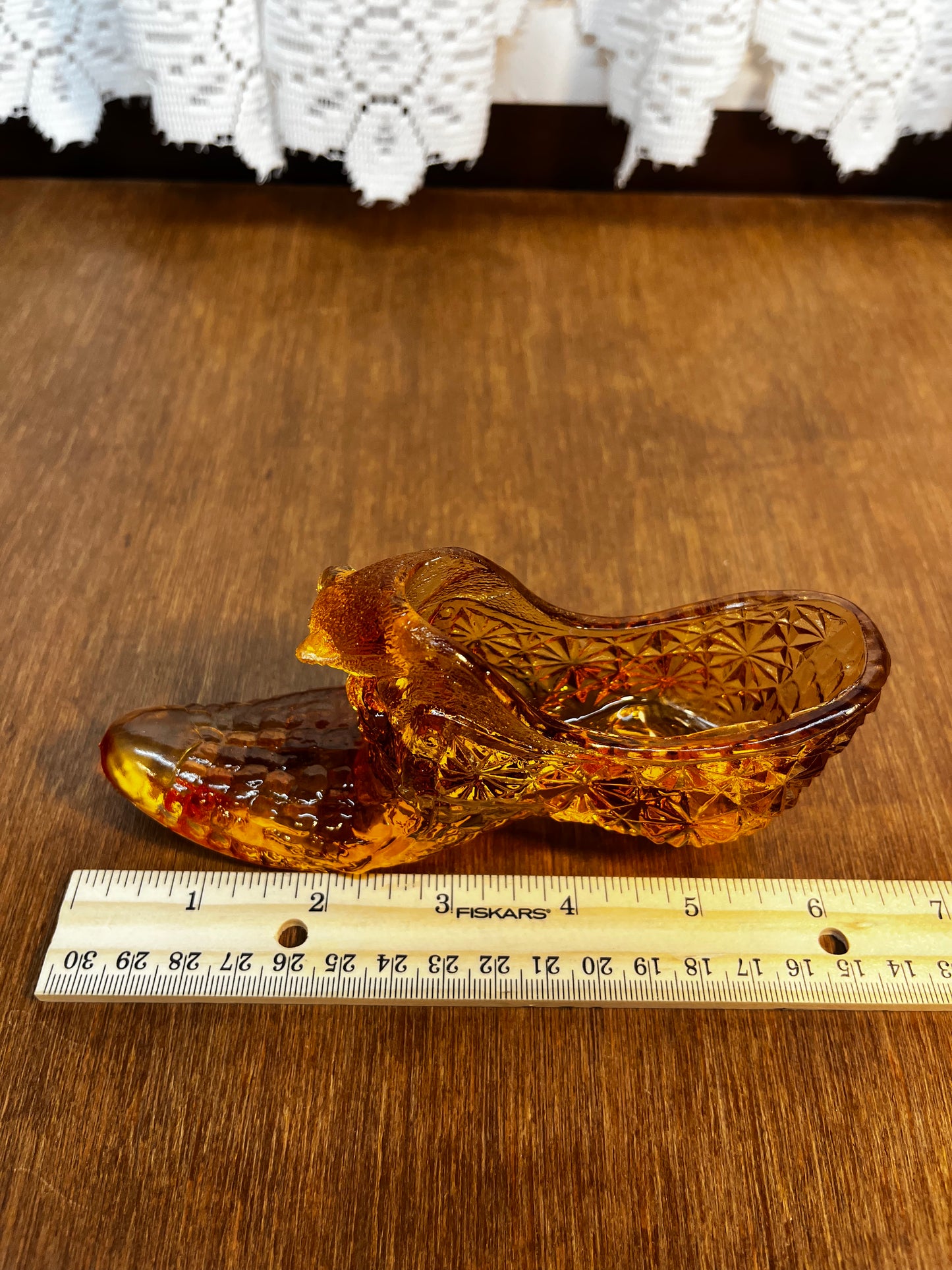 Vintage Amber Cat Face Art Glass Shoe