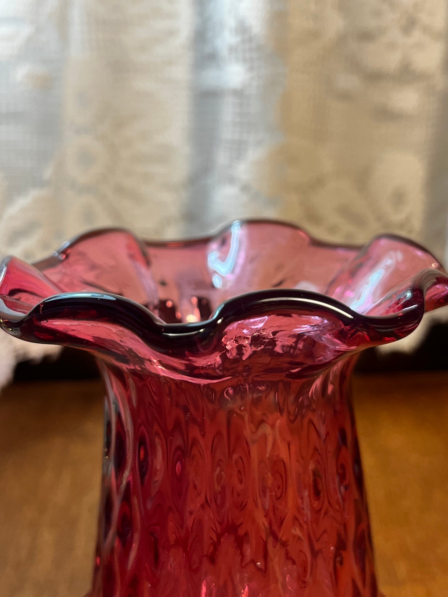 Vintage Cranberry Ruffle Top Textured Vase