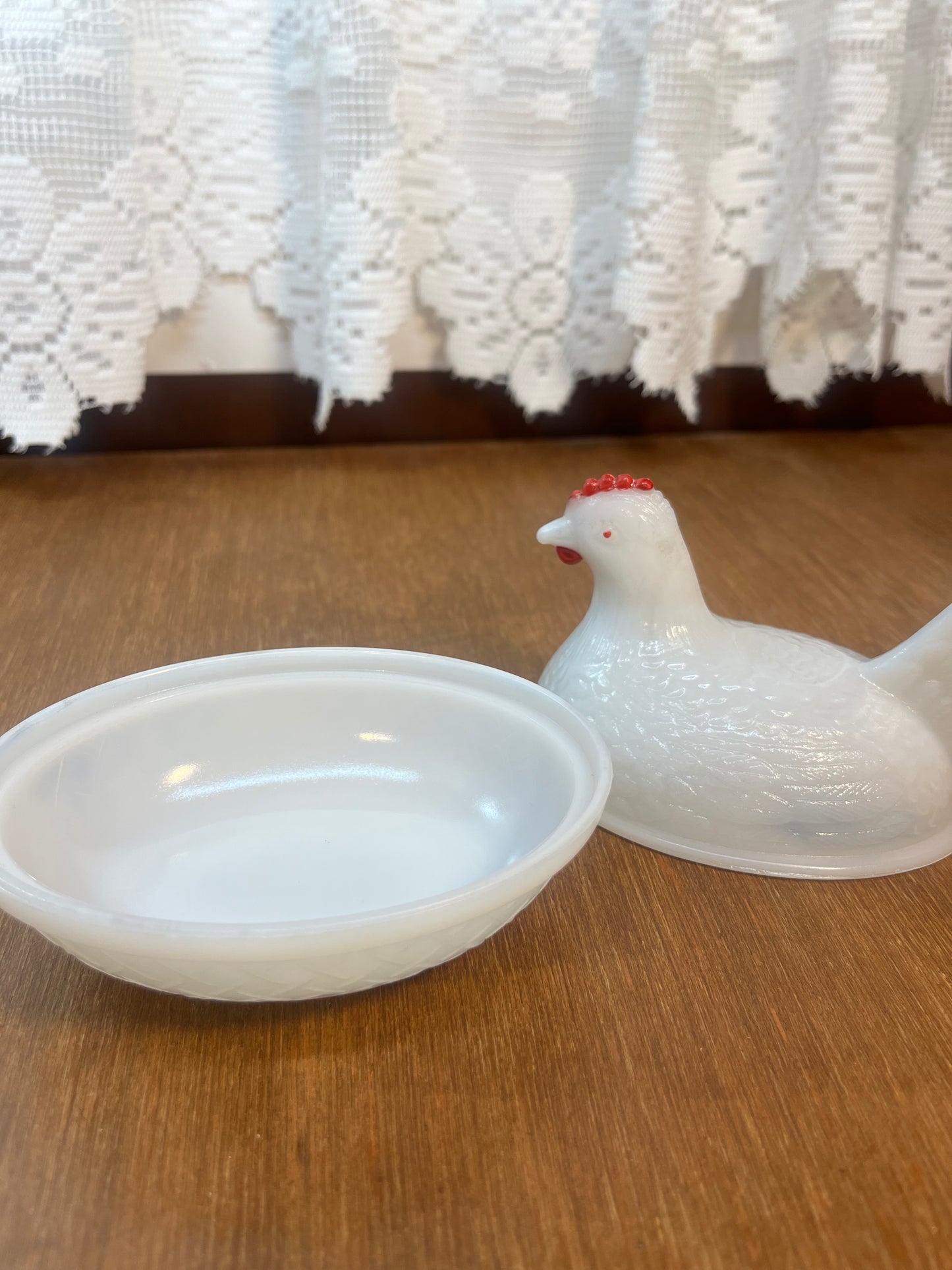 Vintage Red Comb Milk Glass Nesting Hen Trinket