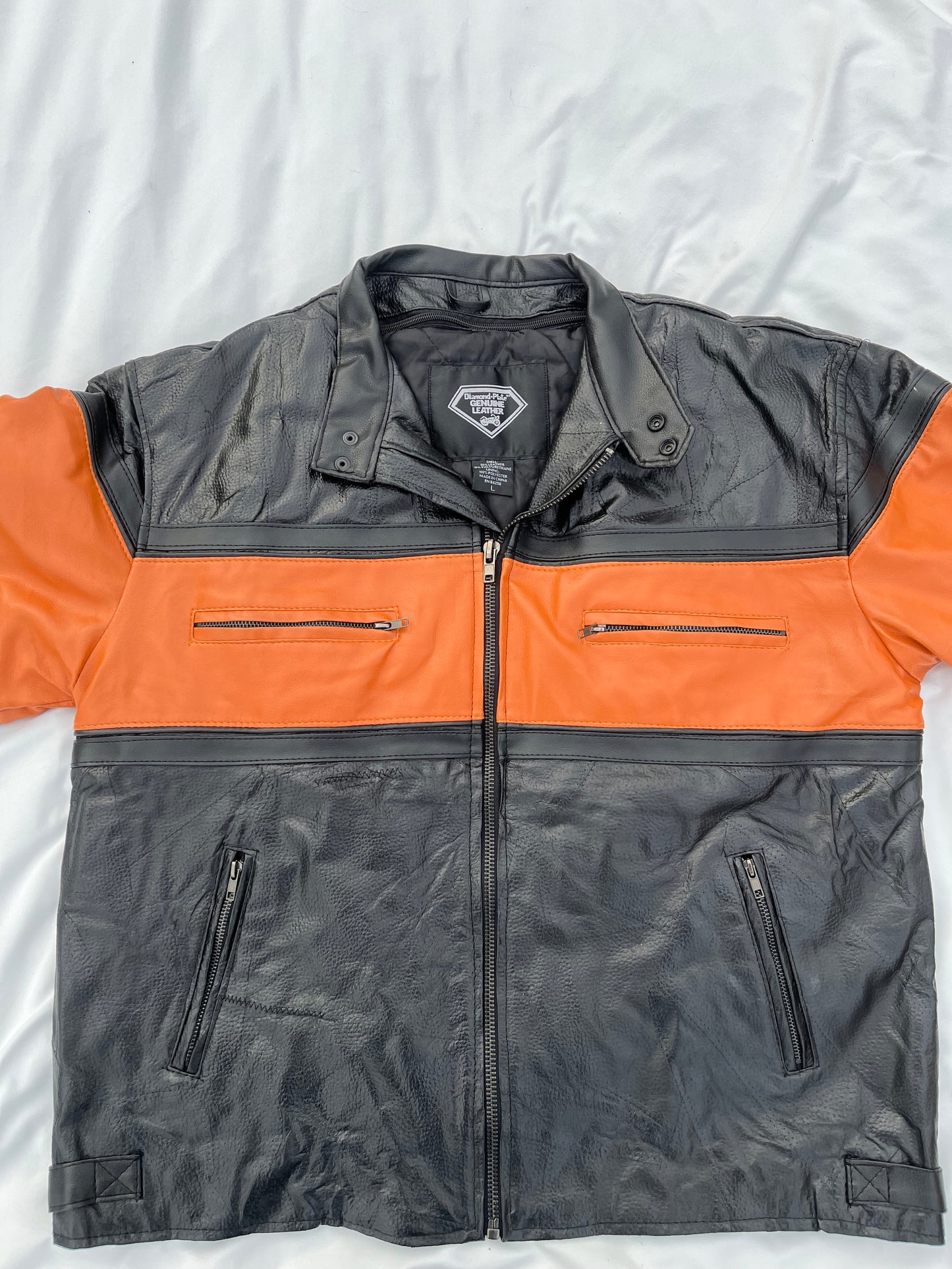 Diamond Plate Genuine Leather Black and Orange Motorcycle Jacket
