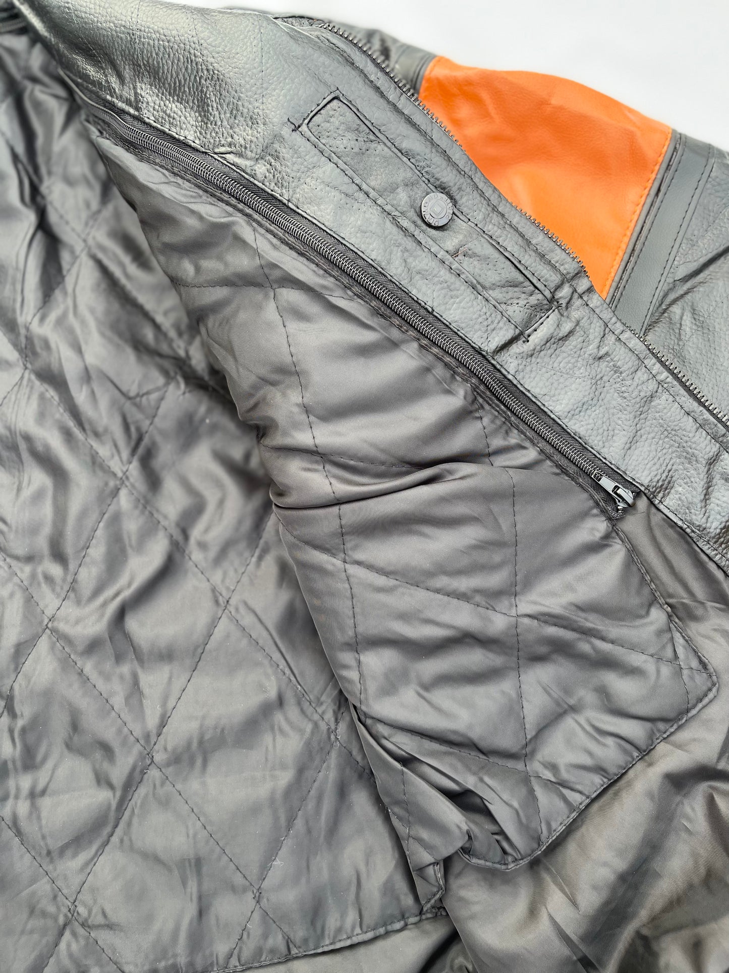Diamond Plate Genuine Leather Black and Orange Motorcycle Jacket