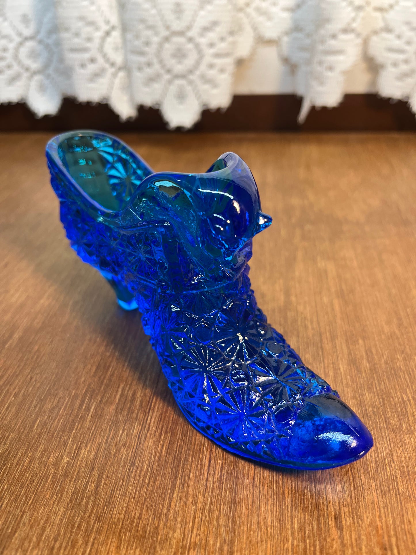 Vintage Cobalt Blue Fenton Art Glass Cat Face Shoe