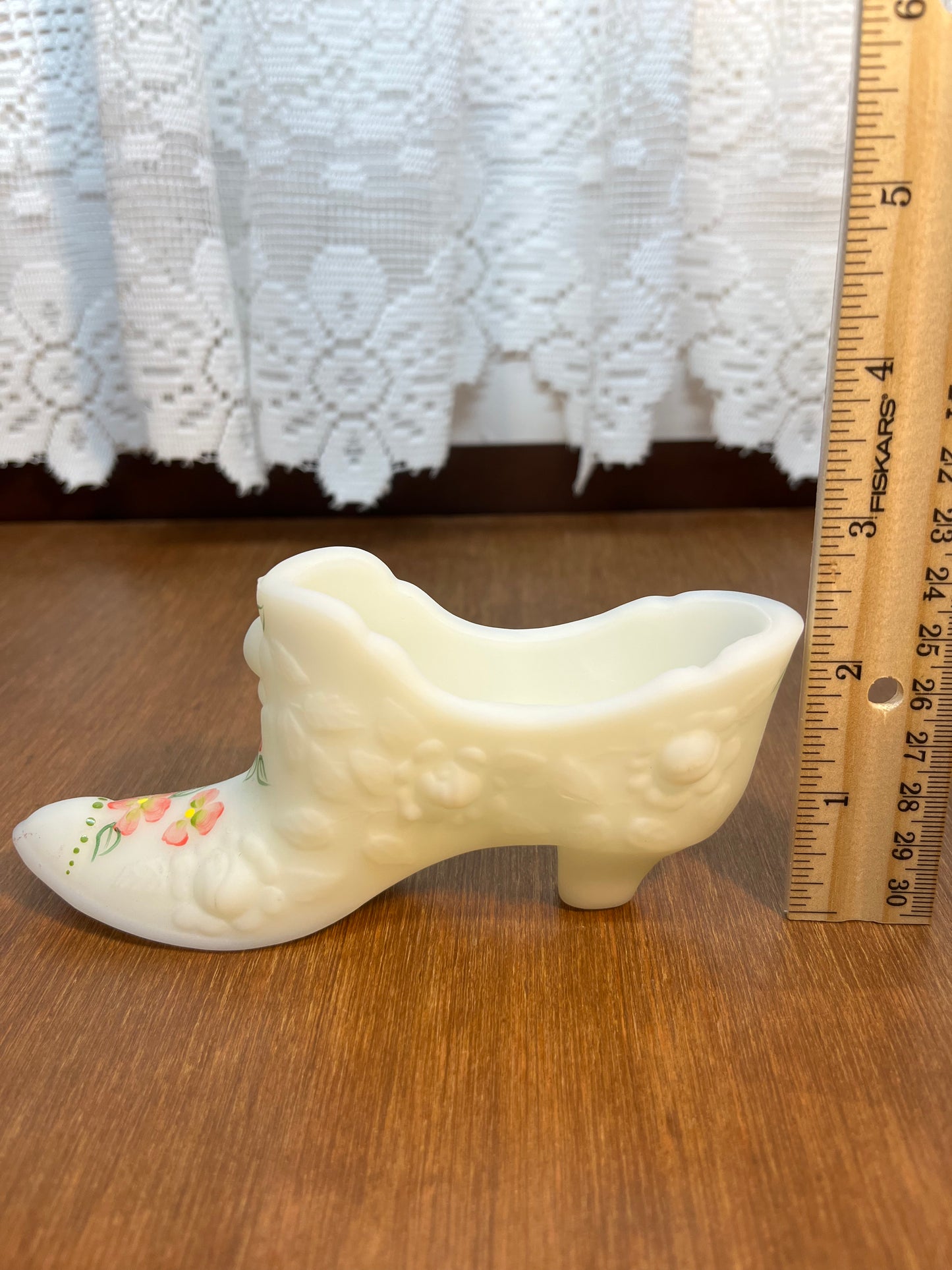 Vintage Satin Floral White Hand Painted Fenton Art Glass Shoe