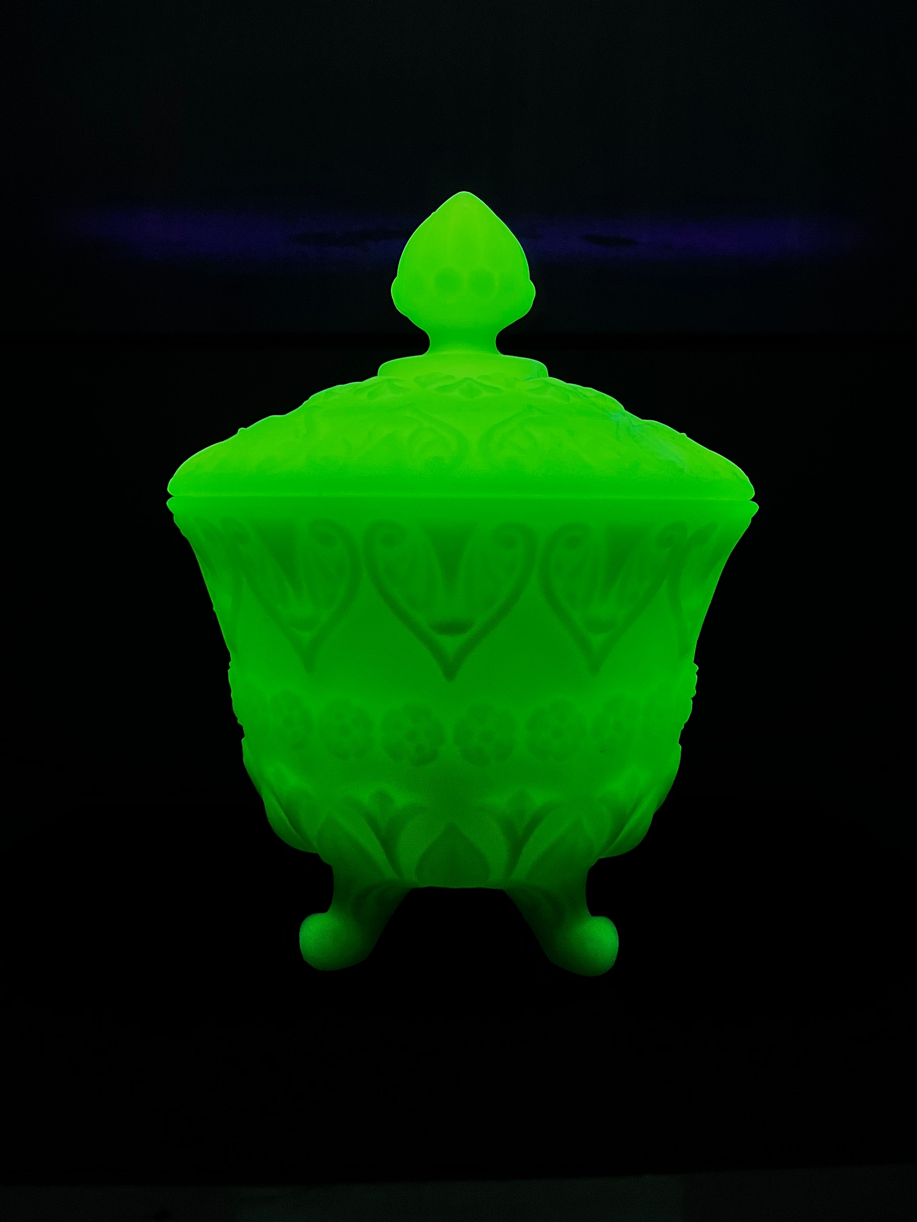 Vintage Fenton shops Custard Glass Uranium Green Candy Dish + Toothpick Candle Holder