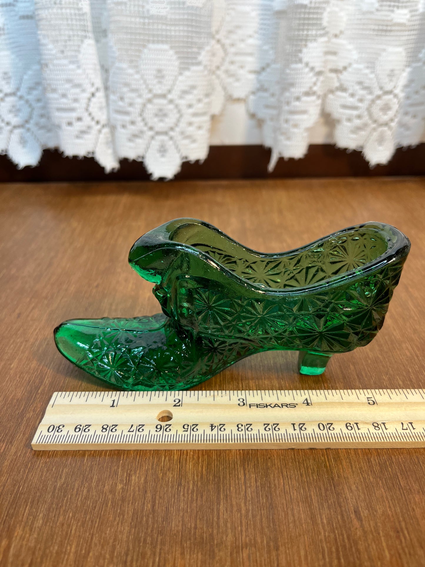 Vintage Forest Green Cat Face Art Glass Shoe
