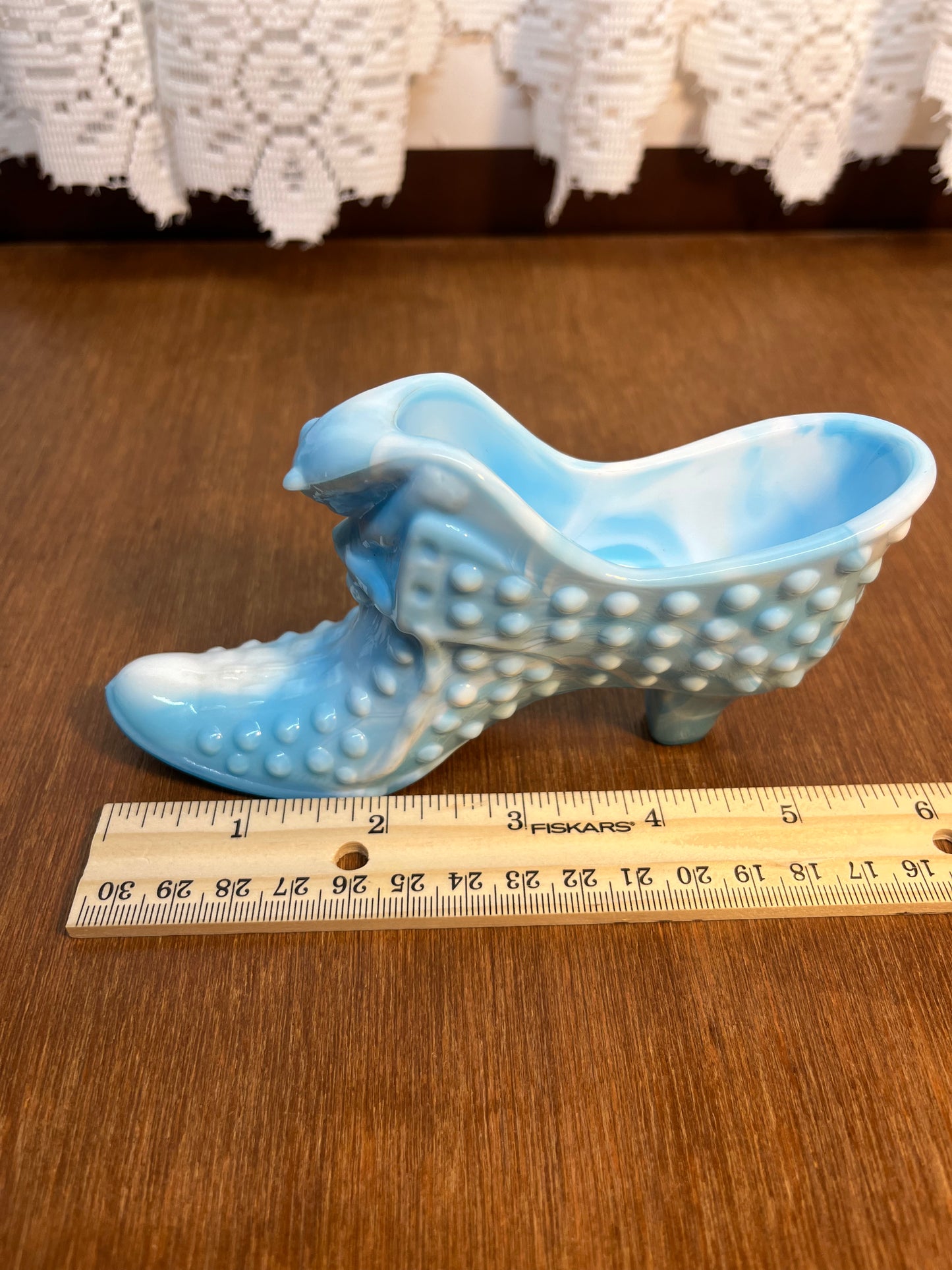 Vintage Blue & White Hobnail Fenton Art Glass Shoe
