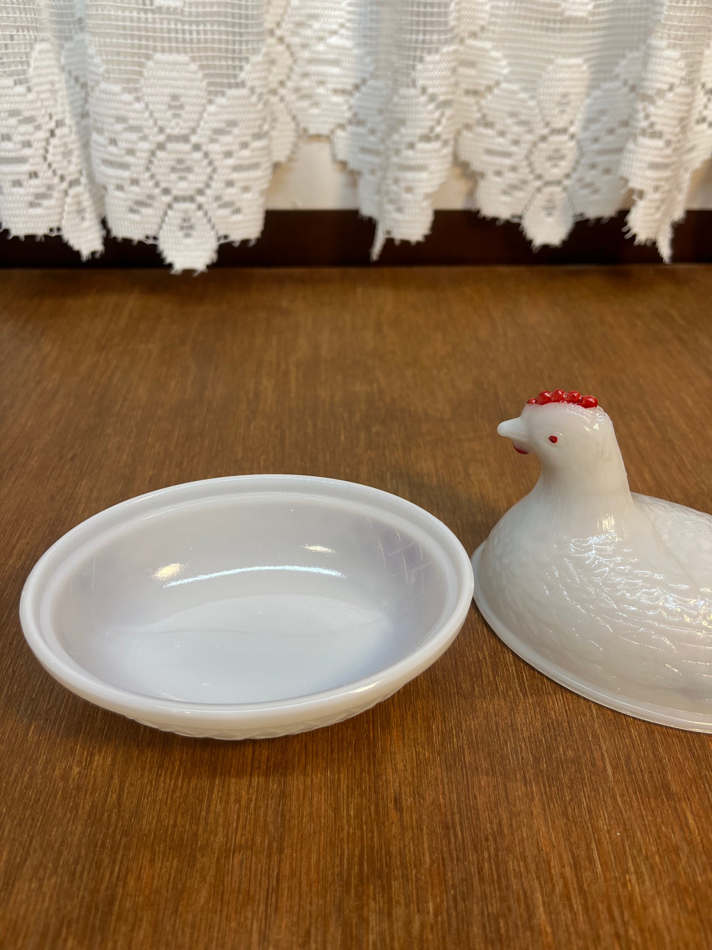 Vintage Red Comb Milk Glass Nesting Hen Trinket
