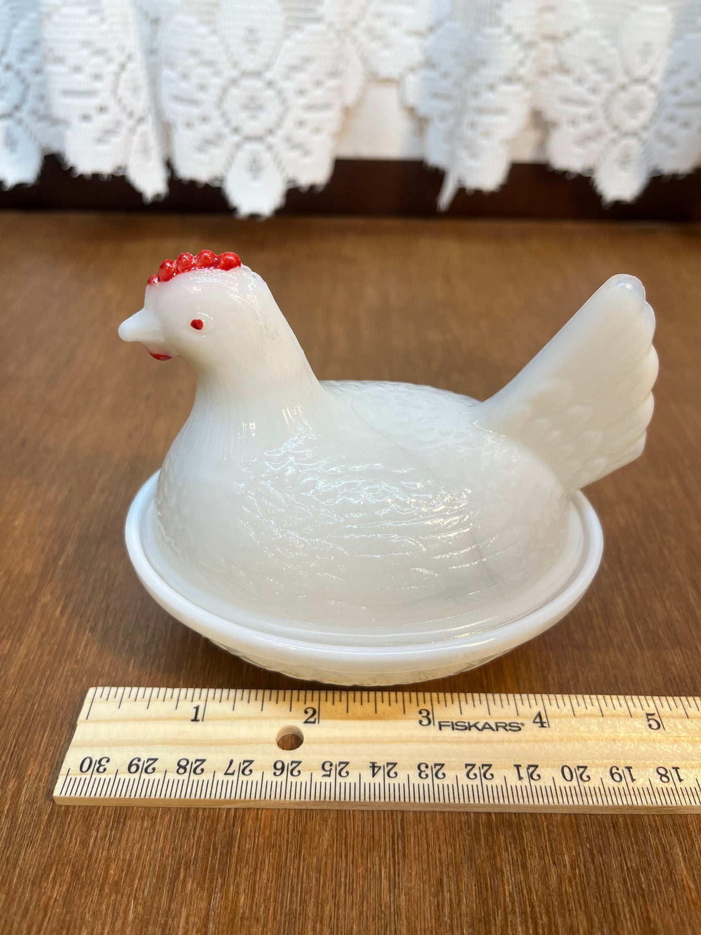 Vintage Red Comb Milk Glass Nesting Hen Trinket