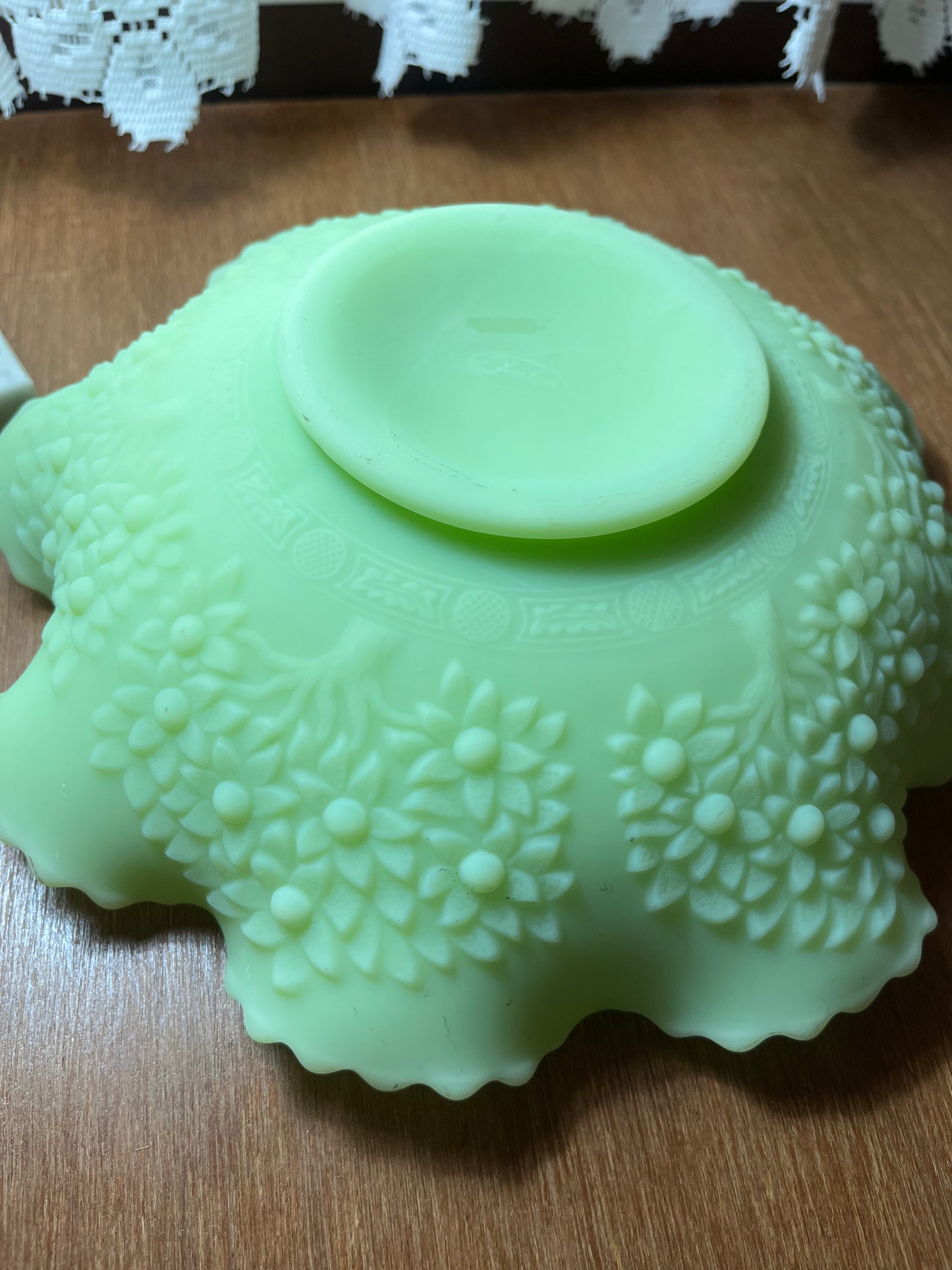 Vintage Fenton Satin Persian Medallion Uranium Ruffle Top Floral Pattern Candy Bowl