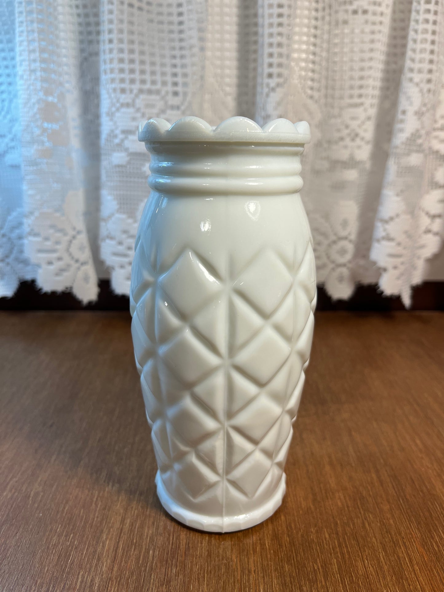 Milk Glass Scallop Top Pineapple Patterned Vase