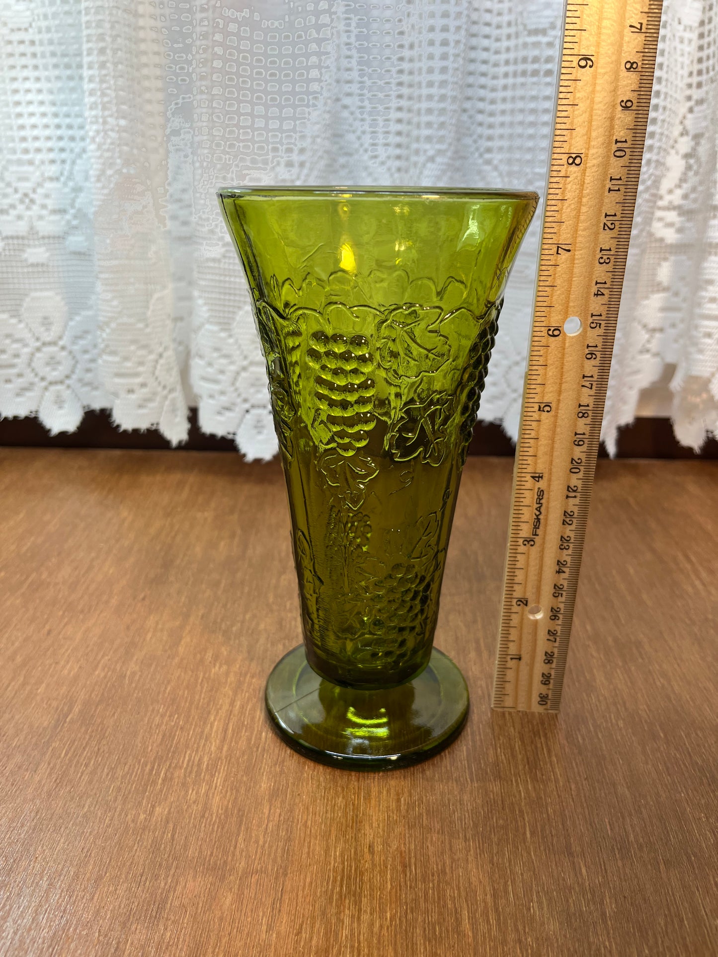 Vintage Indiana Colony Green Glass Grape Pattern Footed Vase