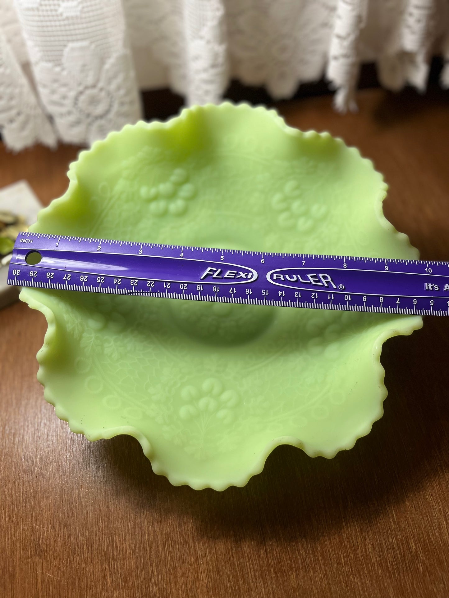 Vintage Fenton Satin Persian Medallion Uranium Ruffle Top Floral Pattern Candy Bowl