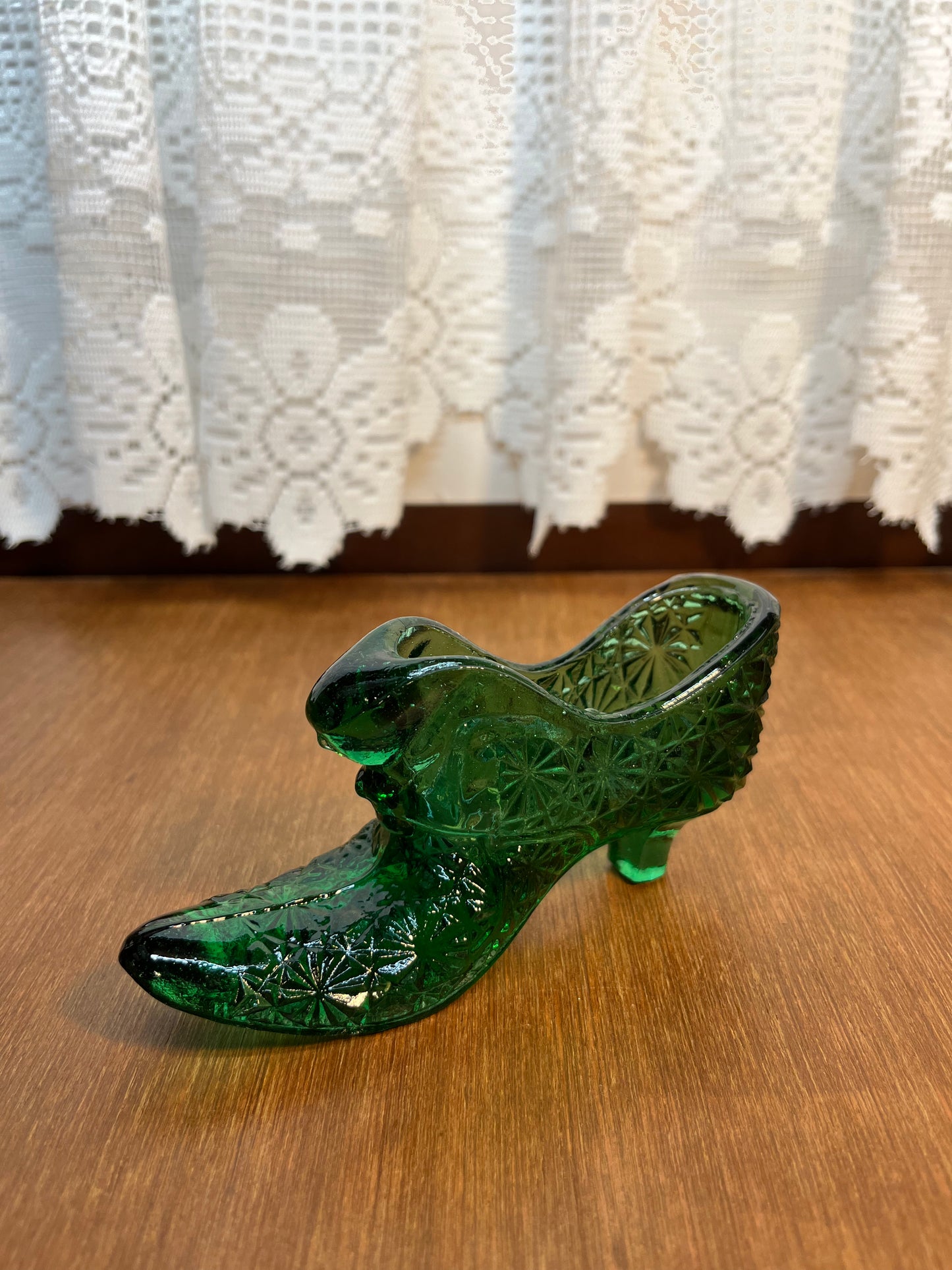 Vintage Forest Green Cat Face Art Glass Shoe