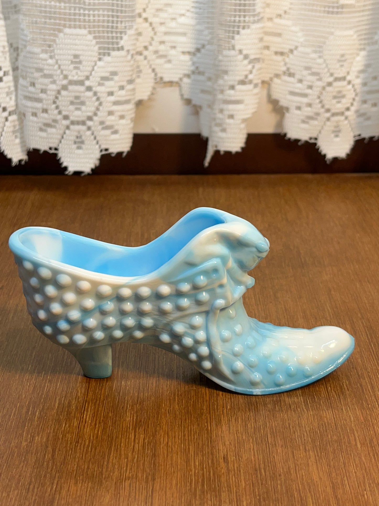 Vintage Blue & White Hobnail Fenton Art Glass Shoe