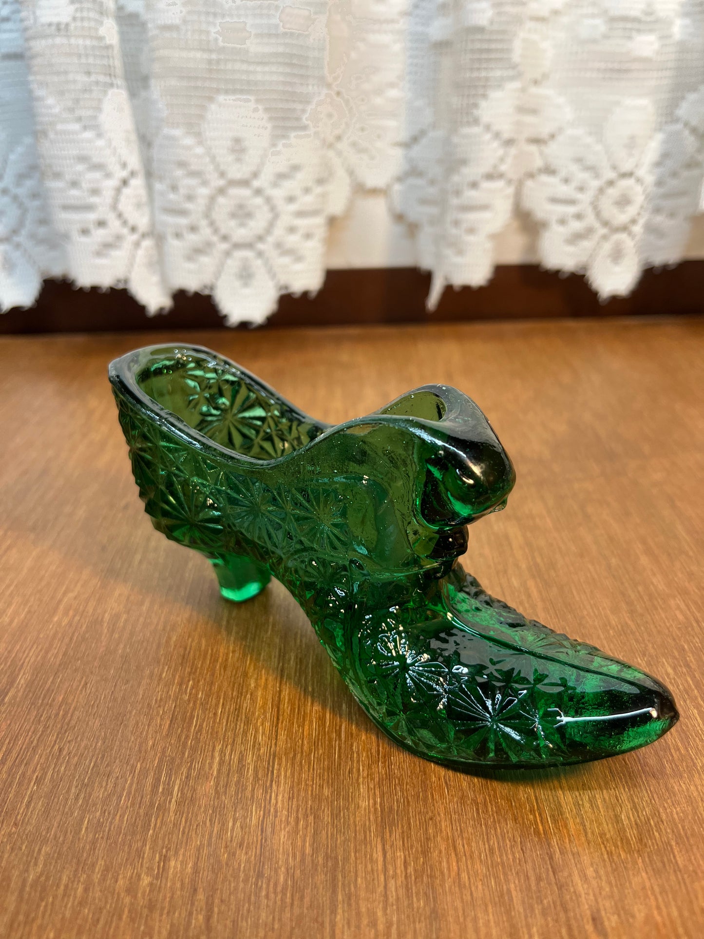 Vintage Forest Green Cat Face Art Glass Shoe