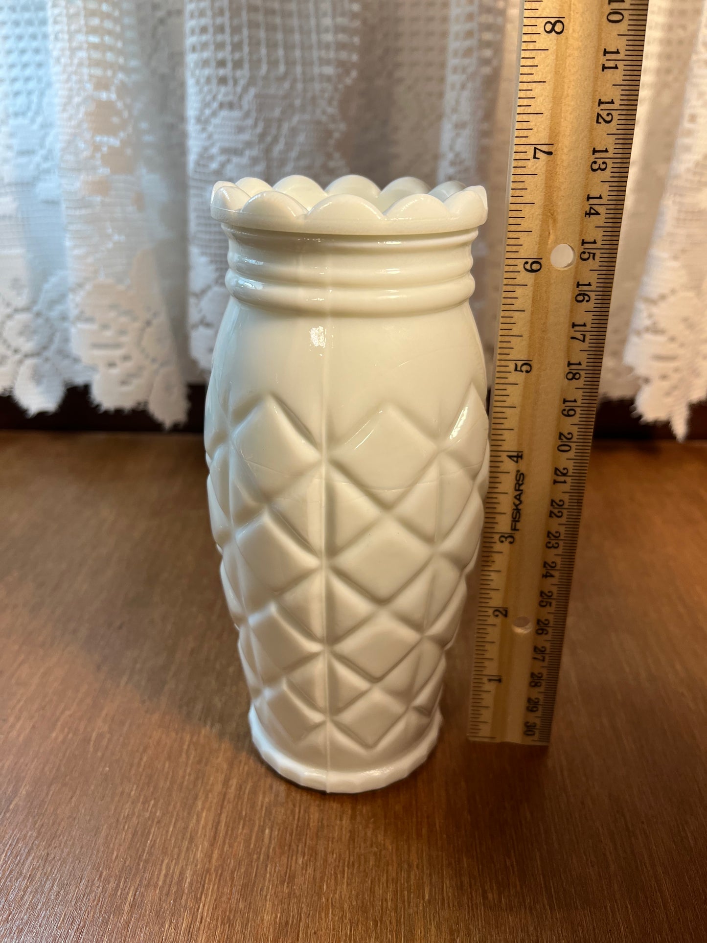 Milk Glass Scallop Top Pineapple Patterned Vase