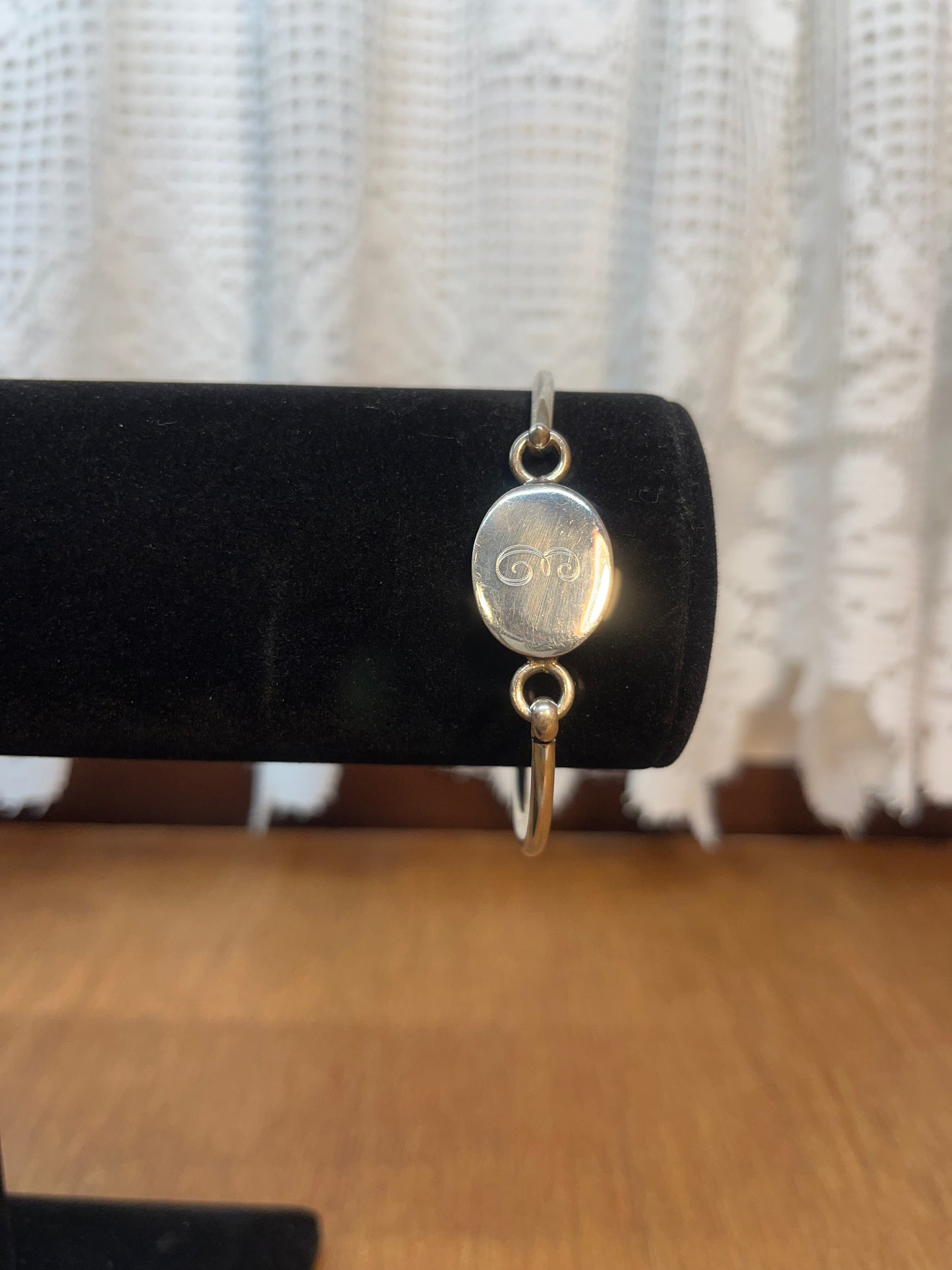 Silver Hook Bangle Bracelet with Letter E