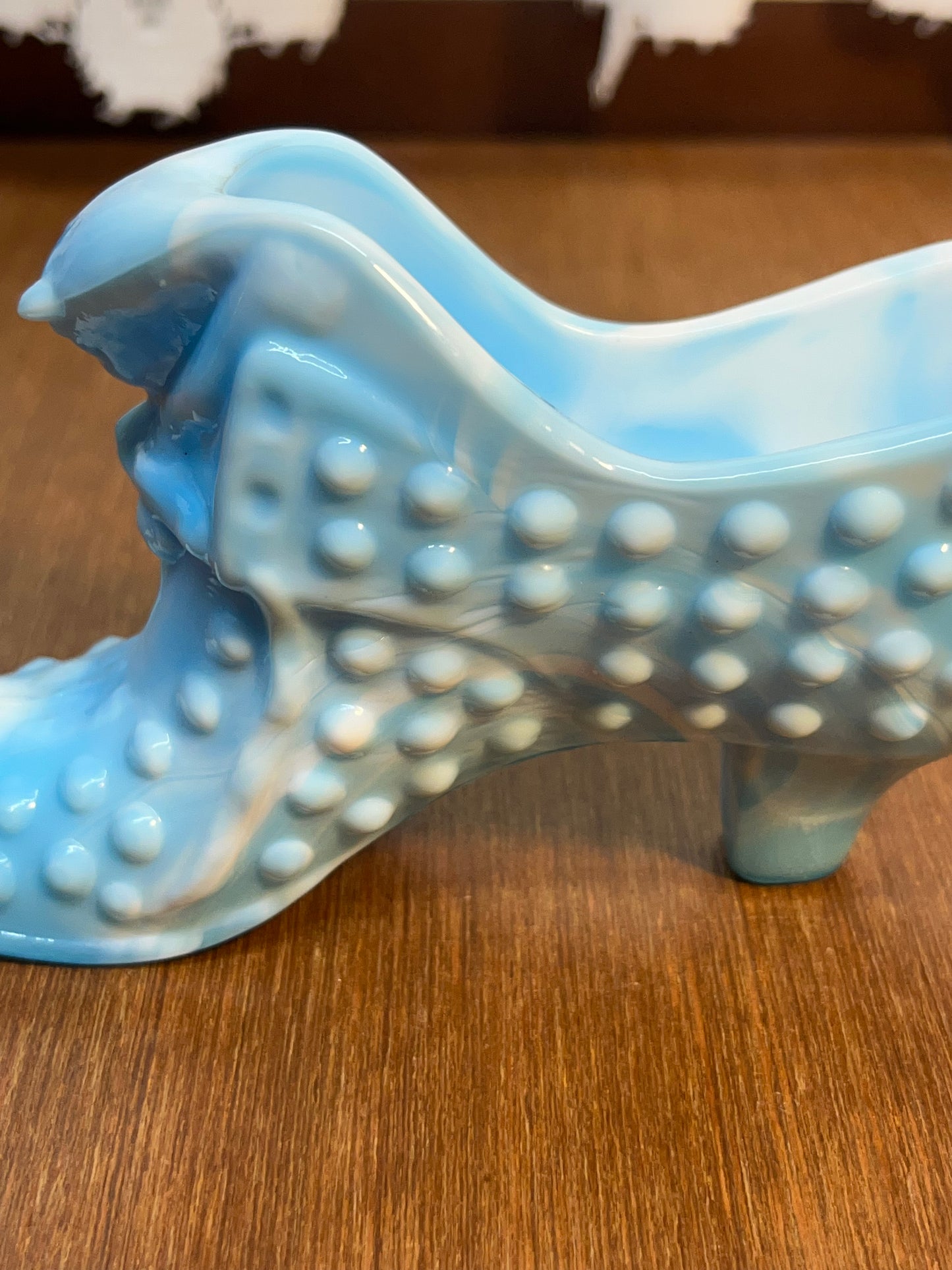 Vintage Blue & White Hobnail Fenton Art Glass Shoe