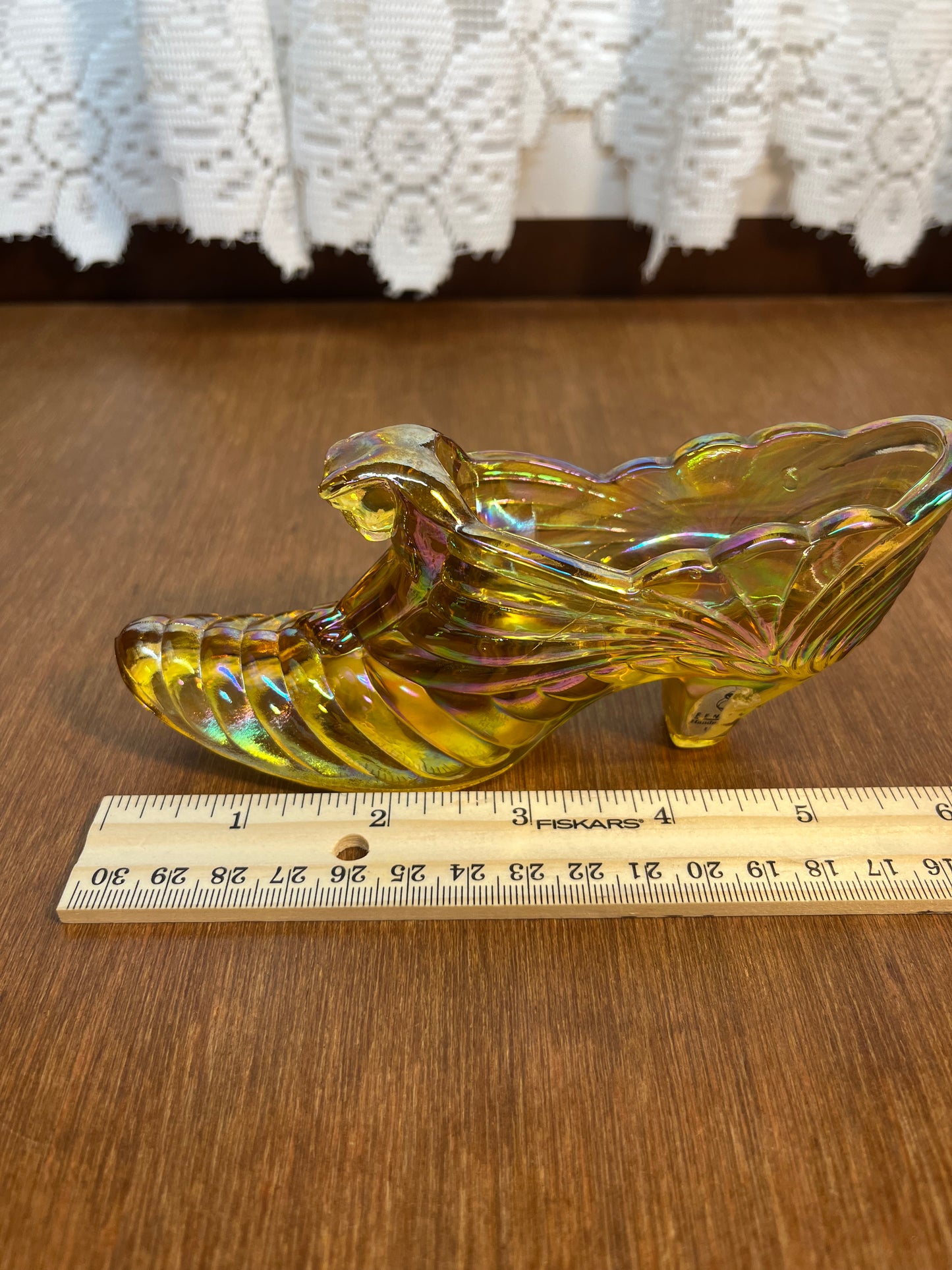 Vintage Iridescent Carnival Glass Fenton Art Glass Shoe With Sticker
