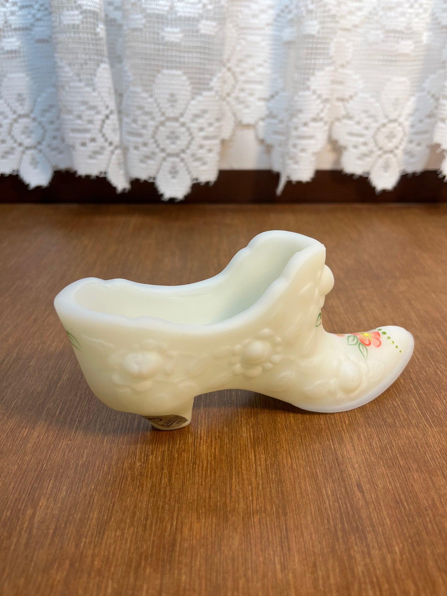 Vintage Satin Floral White Hand Painted Fenton Art Glass Shoe