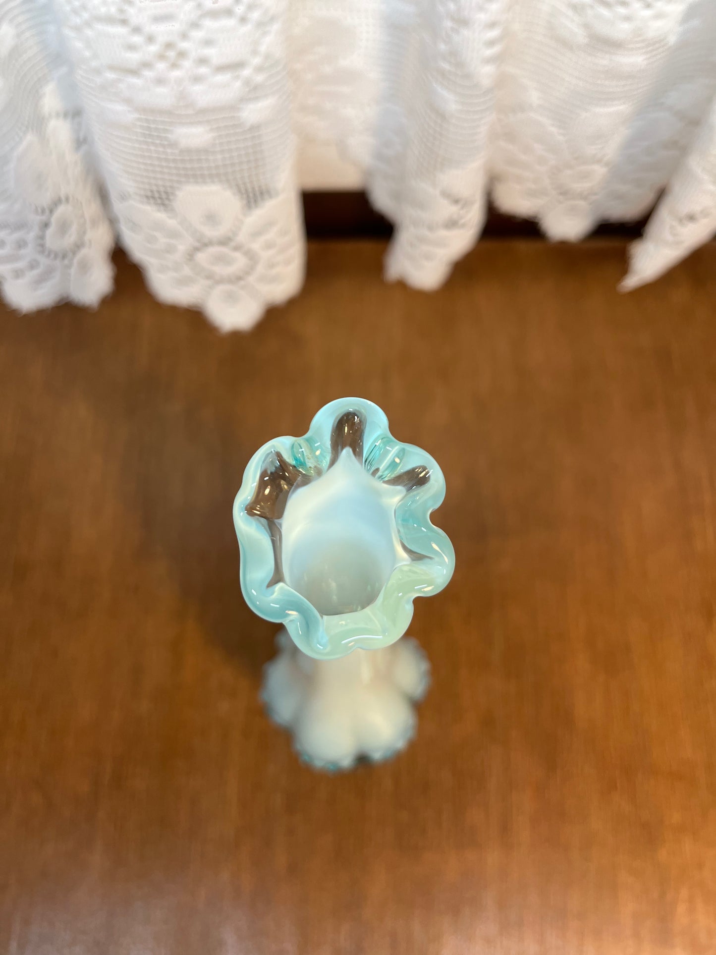 Vintage Fenton Art Glass Blue and White Opalescent Lily Swung Vase