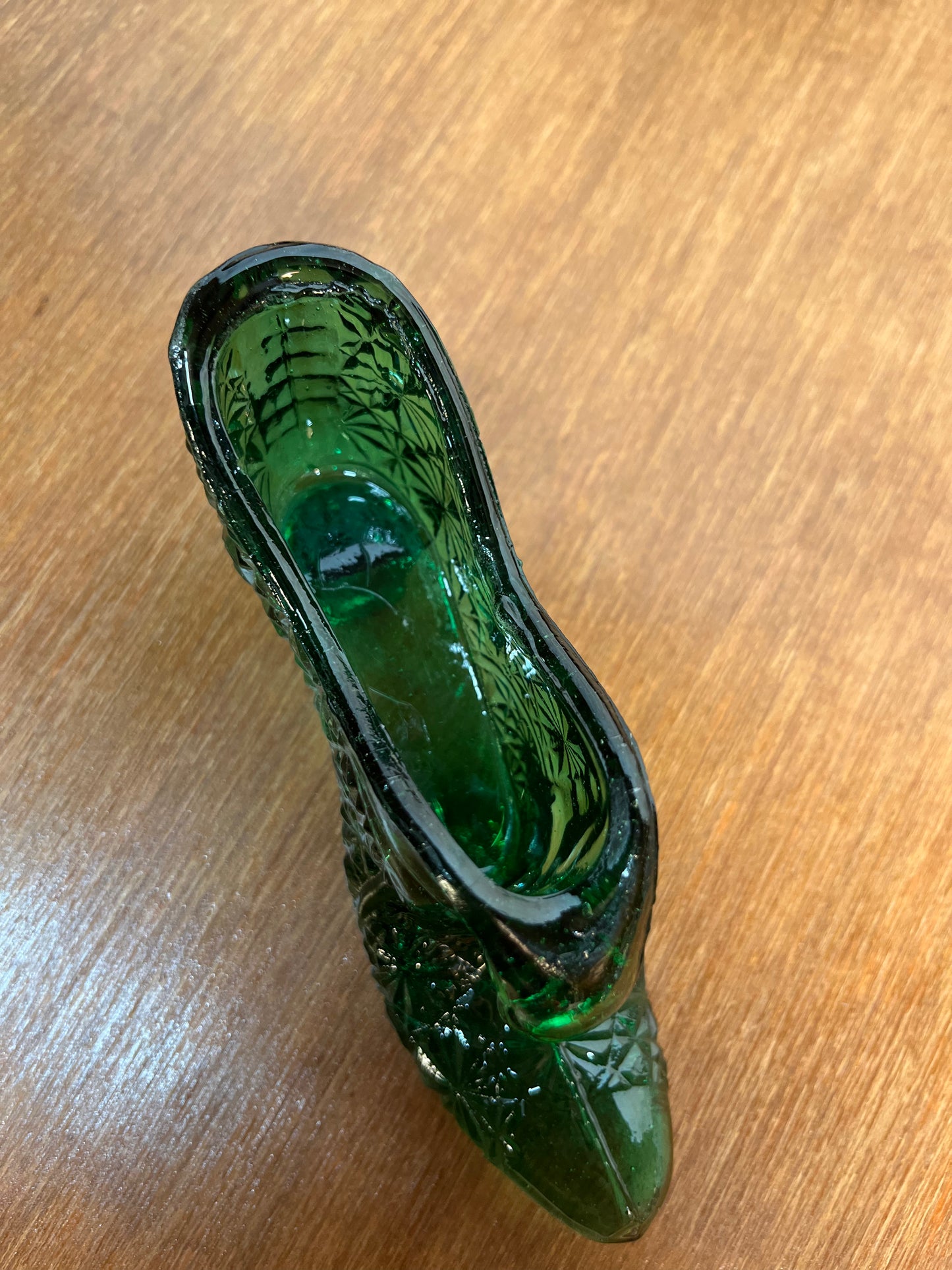 Vintage Forest Green Cat Face Art Glass Shoe