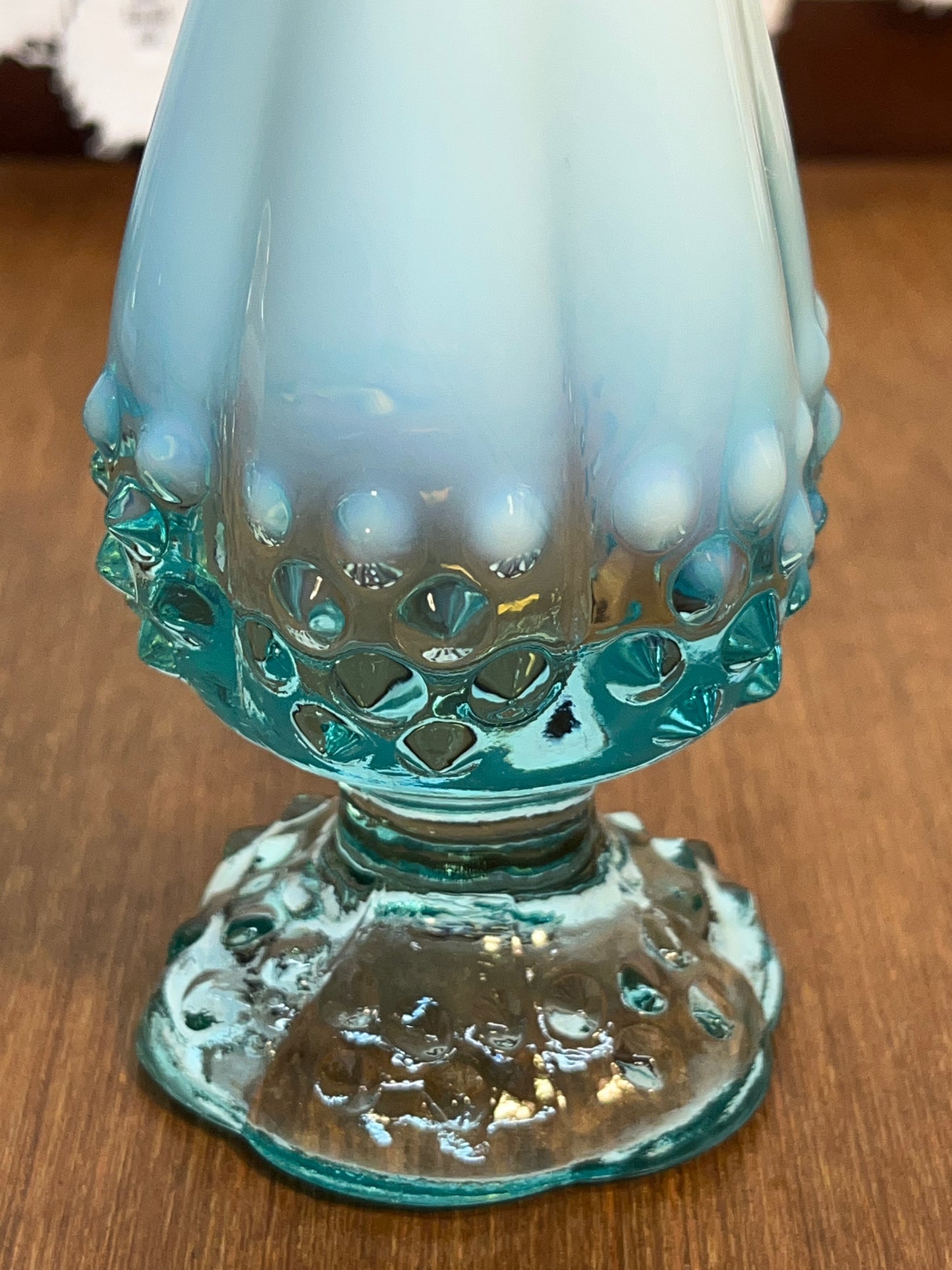 Vintage Fenton Art Glass Blue and White Opalescent Lily Swung Vase