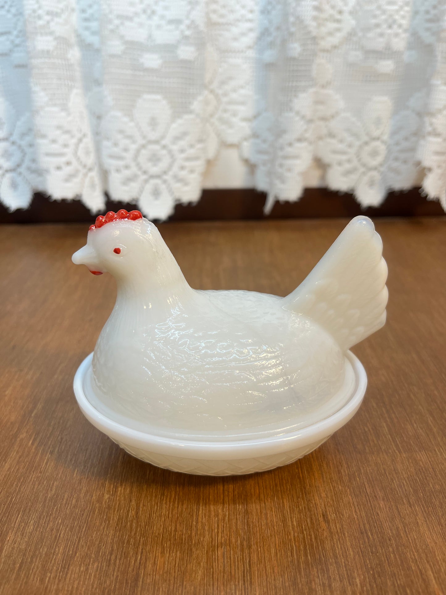 Vintage Red Comb Milk Glass Nesting Hen Trinket