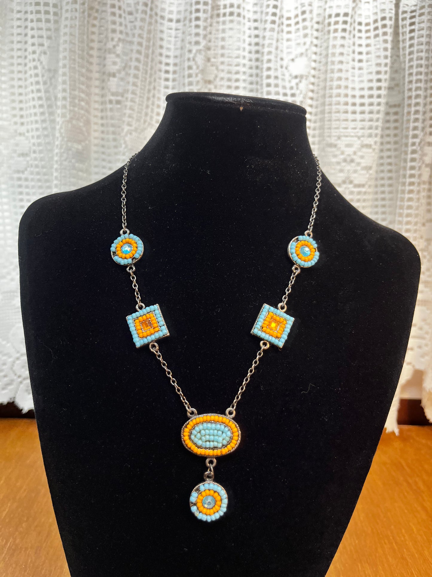 Yellow and Blue Beaded Chain Necklace