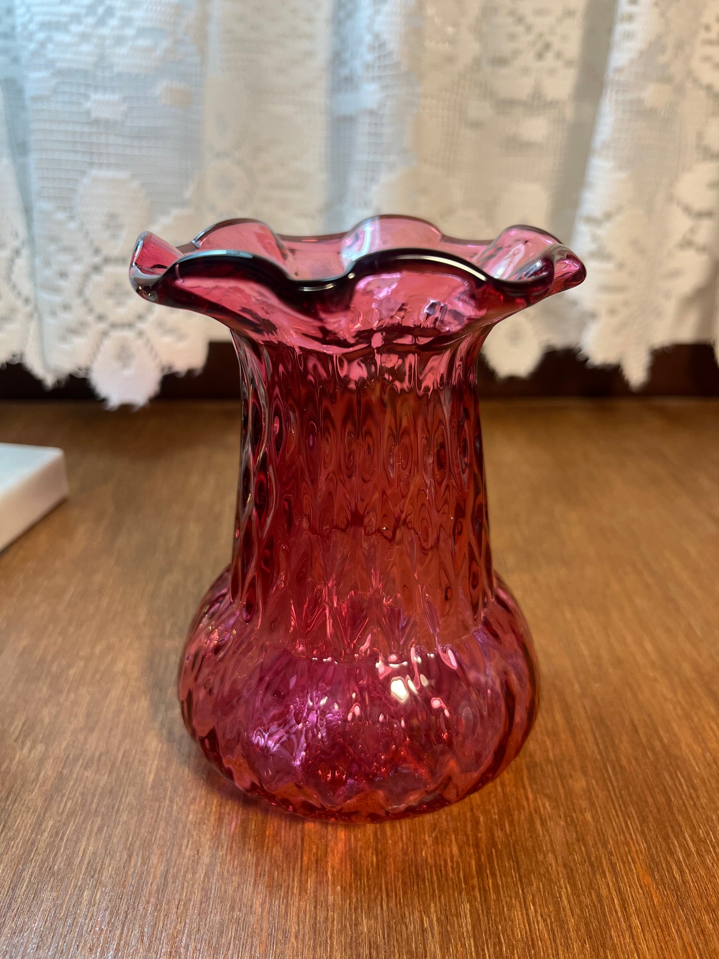 Vintage Cranberry Ruffle Top Textured Vase
