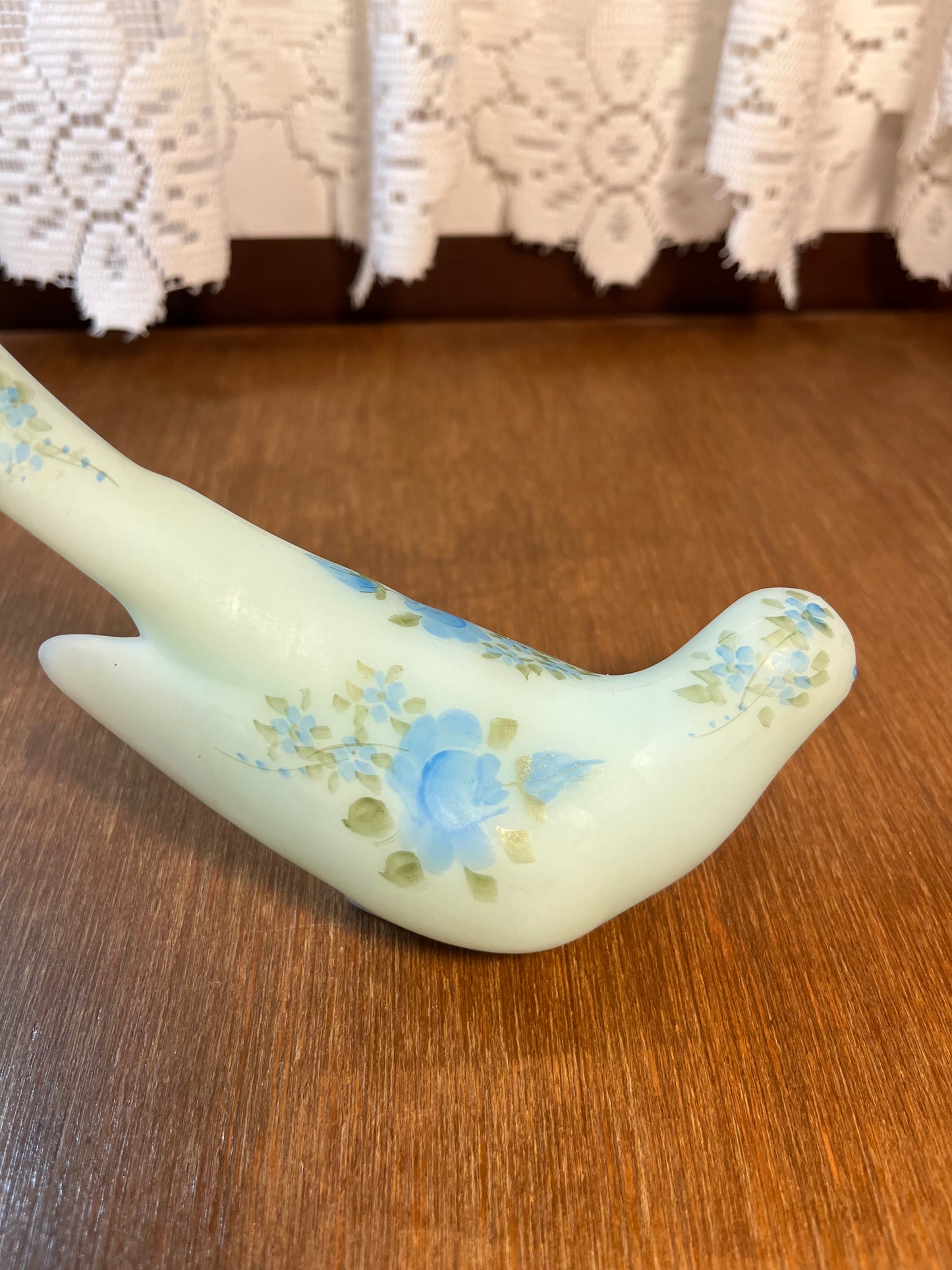 Vintage Blue Satin Hand Painted Fenton Rose Bird