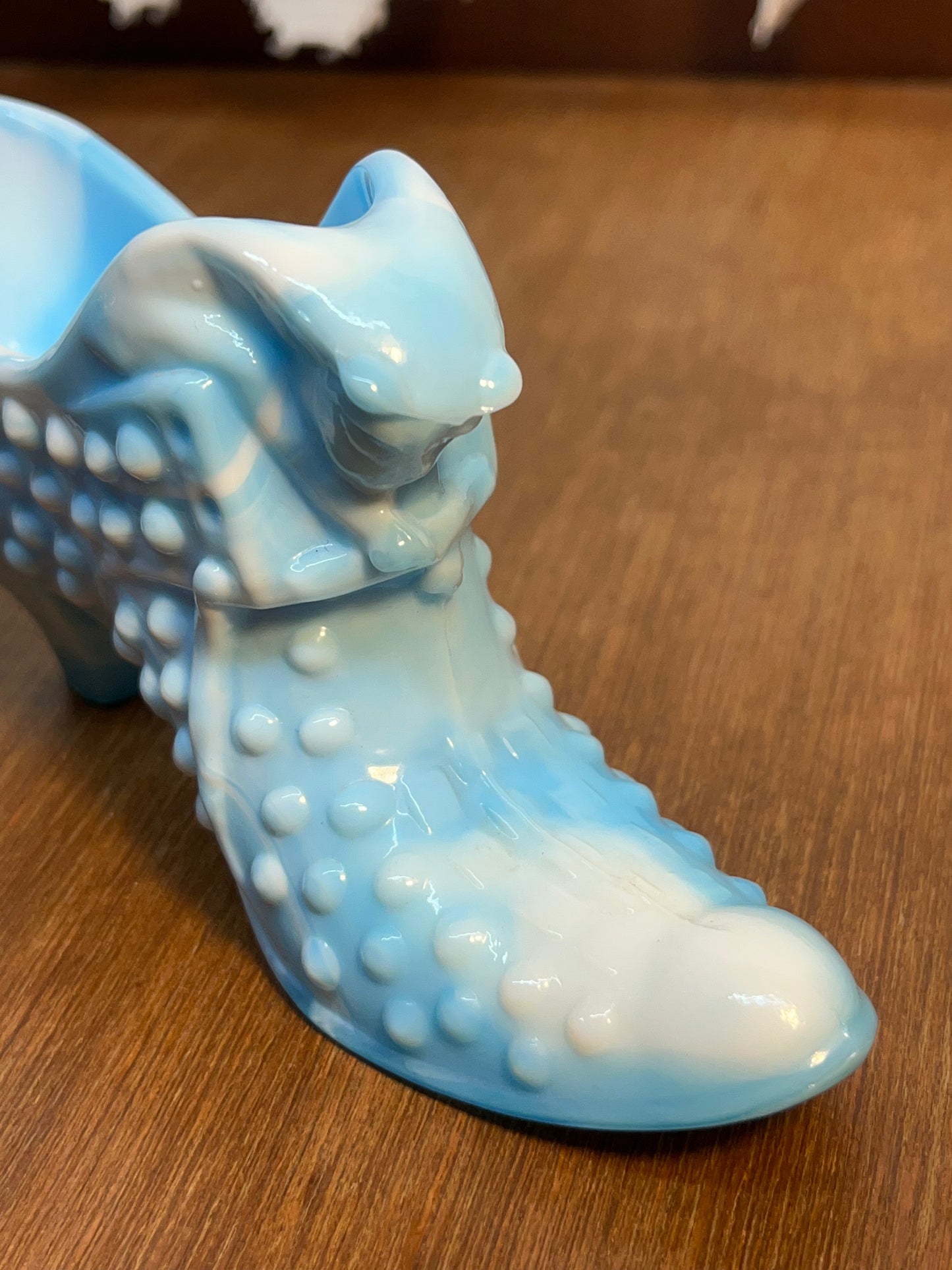 Vintage Blue & White Hobnail Fenton Art Glass Shoe