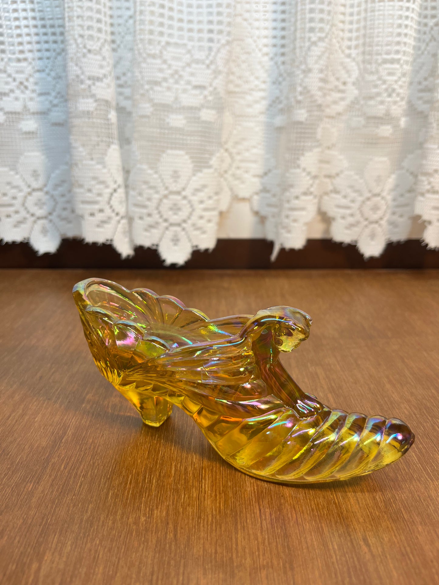 Vintage Iridescent Carnival Glass Fenton Art Glass Shoe With Sticker
