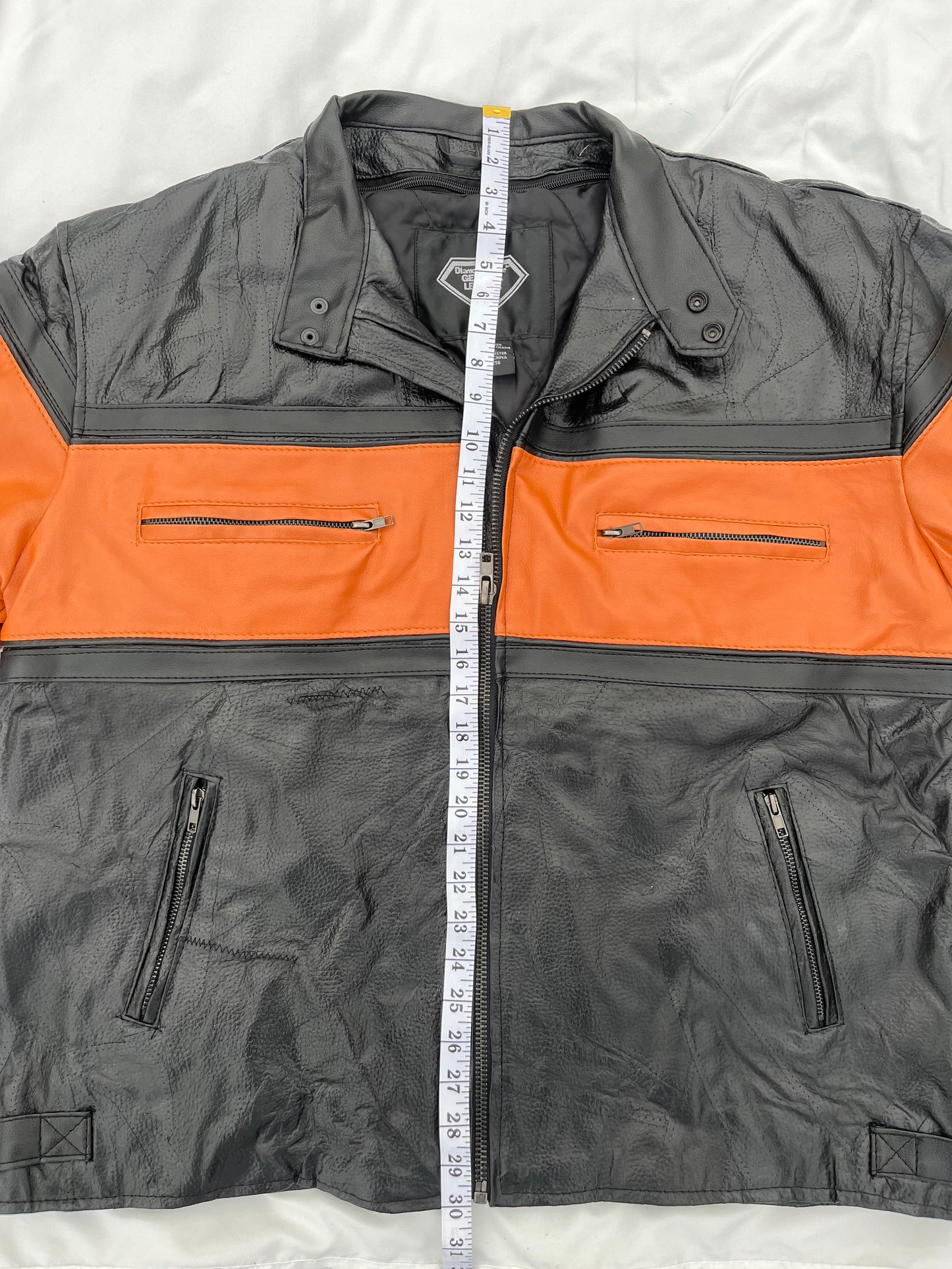Diamond Plate Genuine Leather Black and Orange Motorcycle Jacket