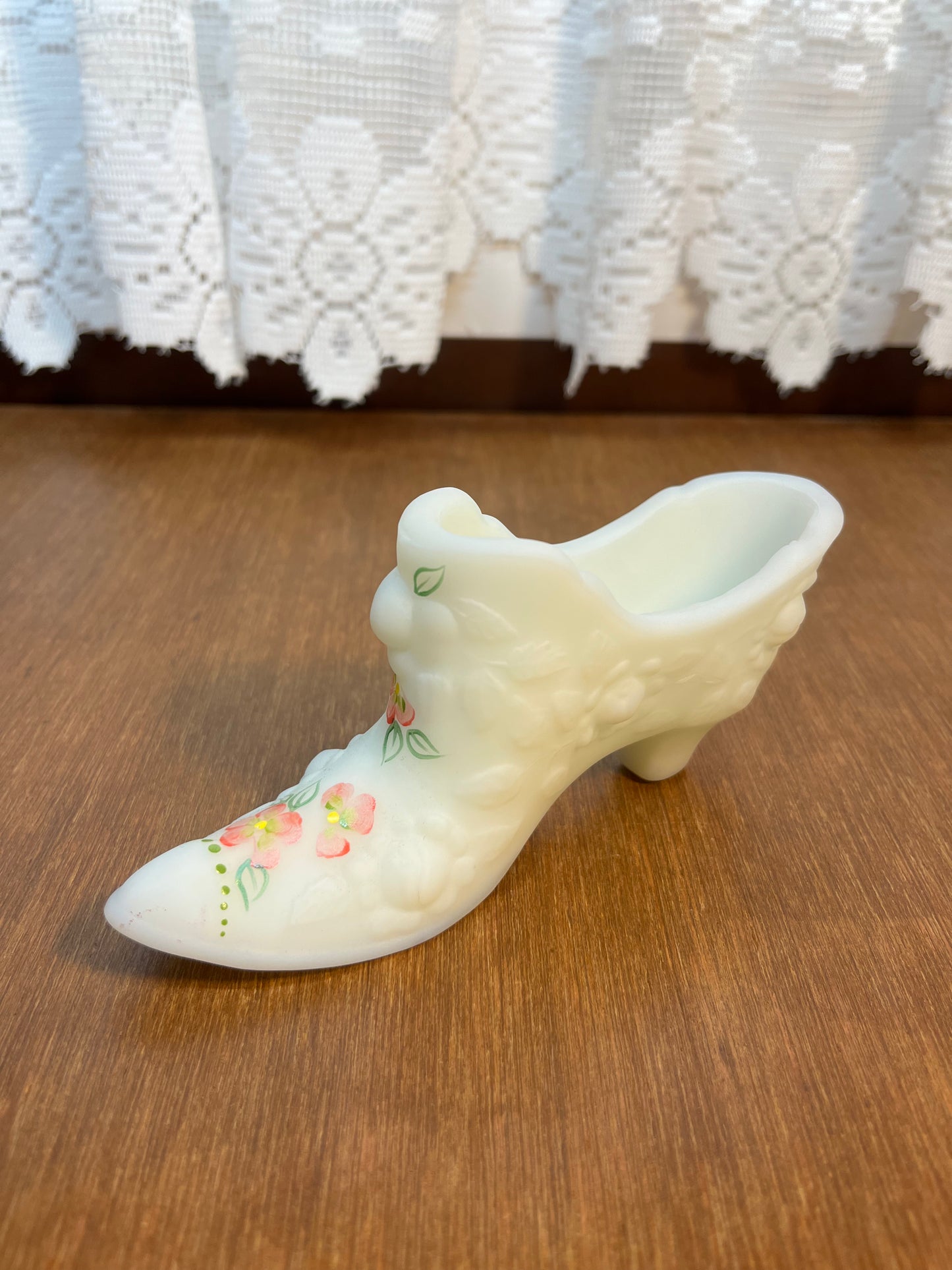 Vintage Satin Floral White Hand Painted Fenton Art Glass Shoe