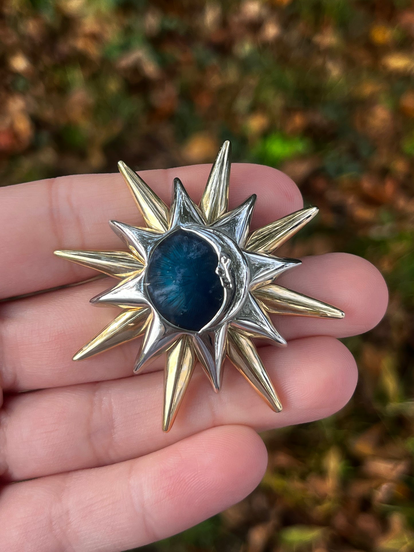 Gold and Silver Toned Moon and Sun Brooch