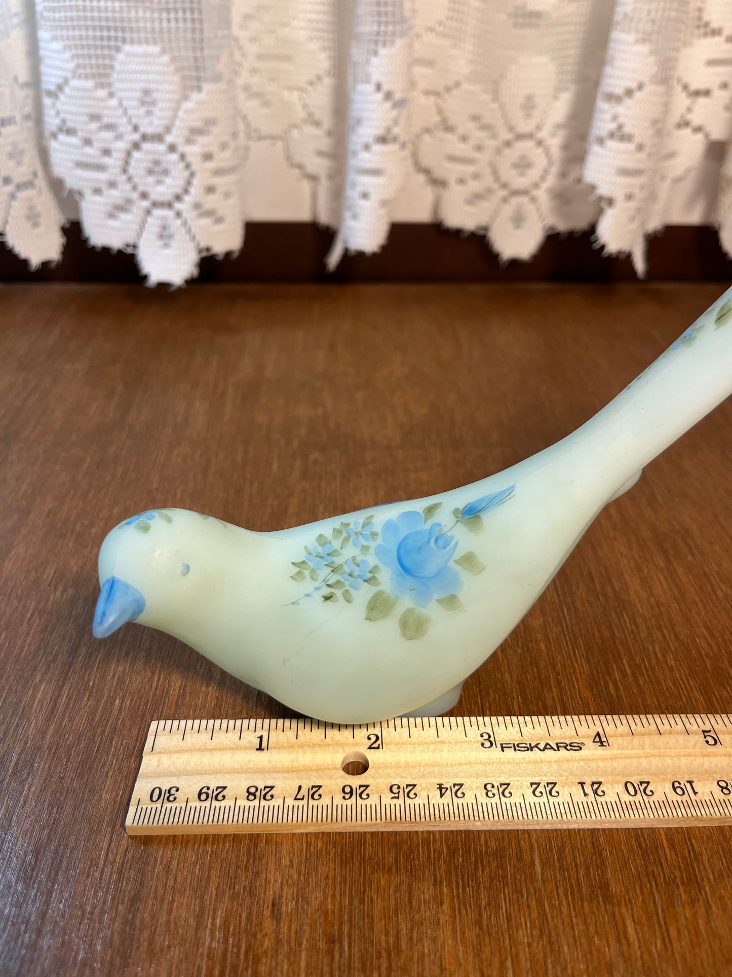 Vintage Blue Satin Hand Painted Fenton Rose Bird