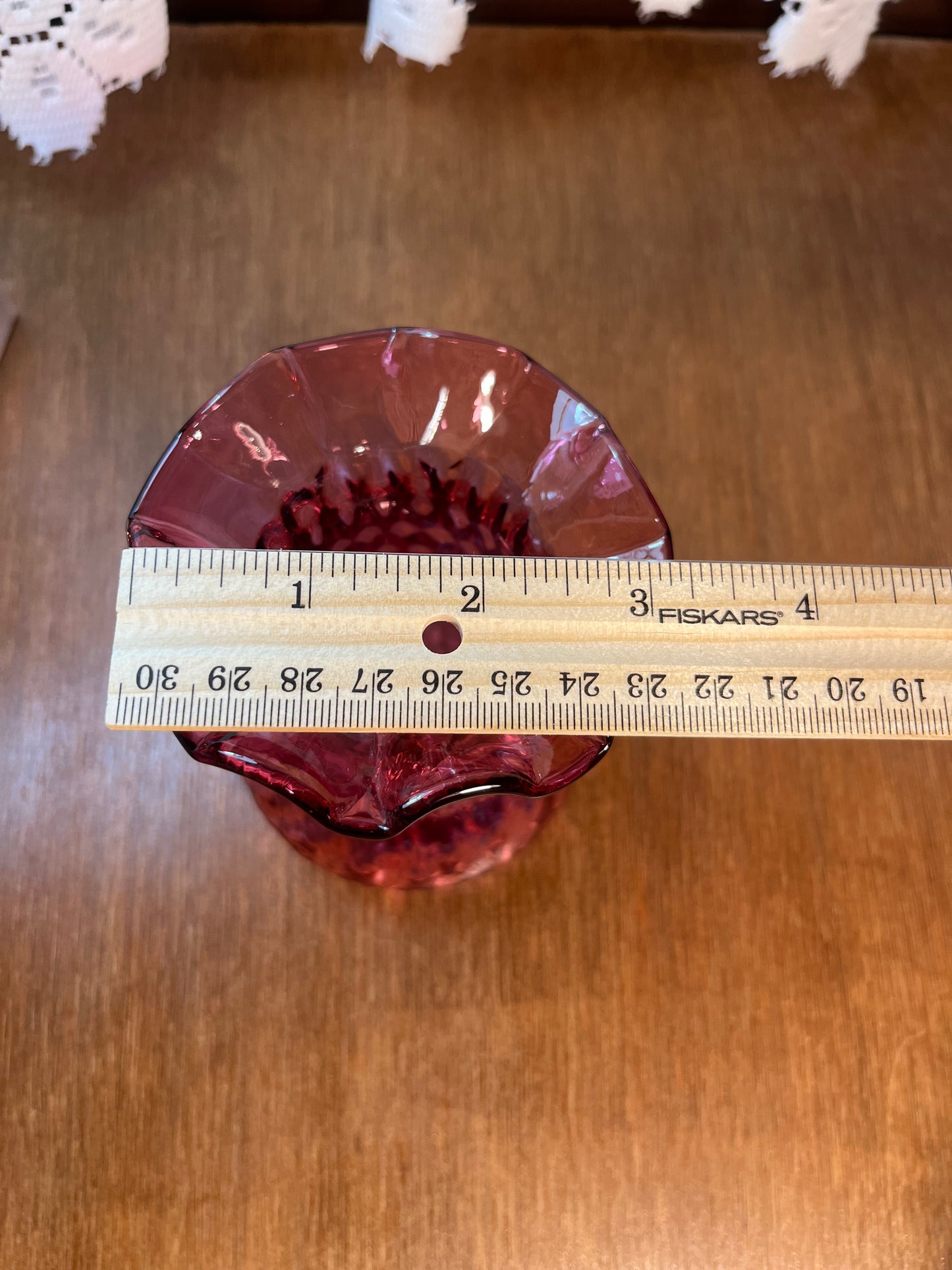 Vintage Cranberry Ruffle Top Textured Vase