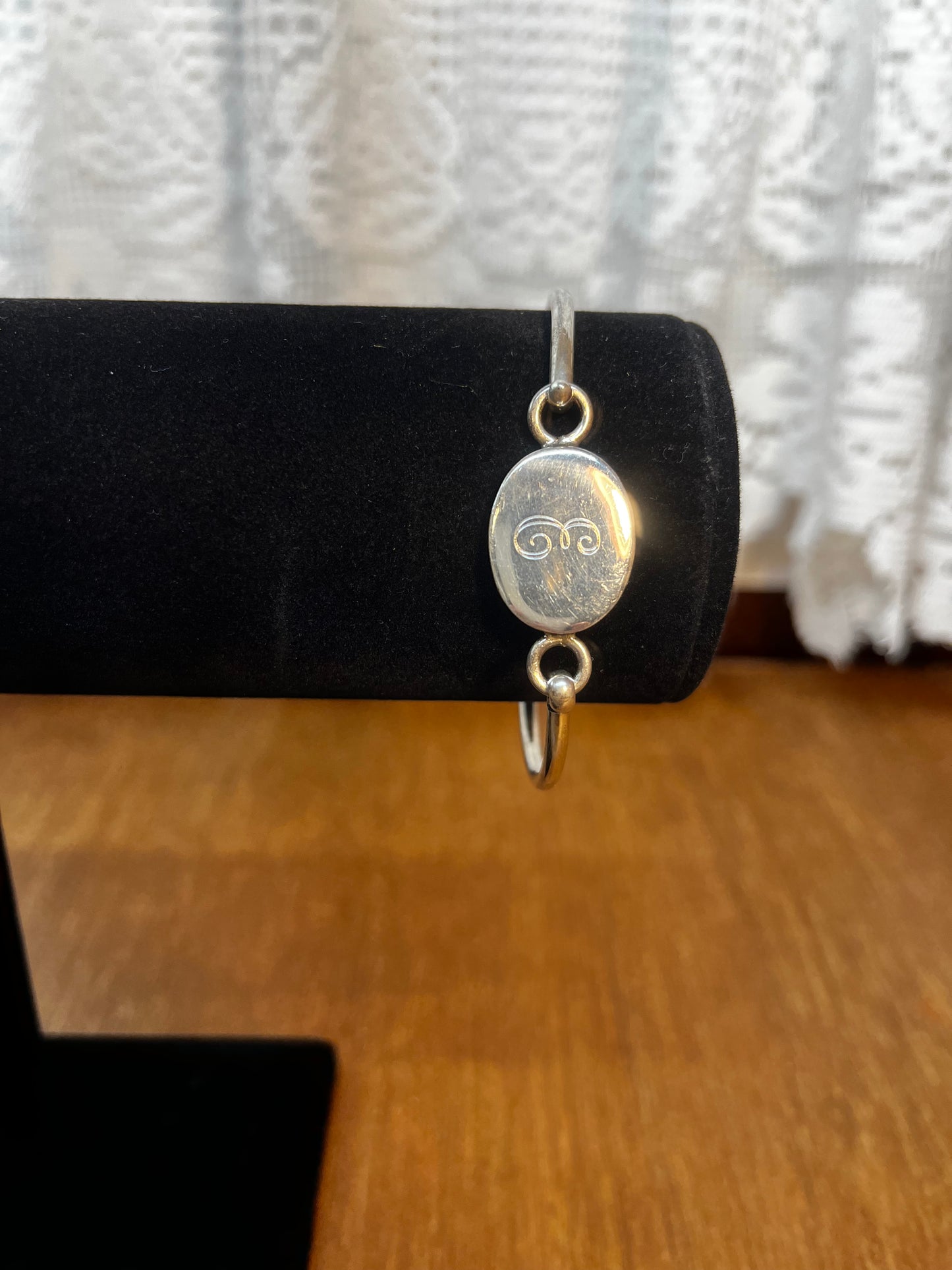 Silver Hook Bangle Bracelet with Letter E