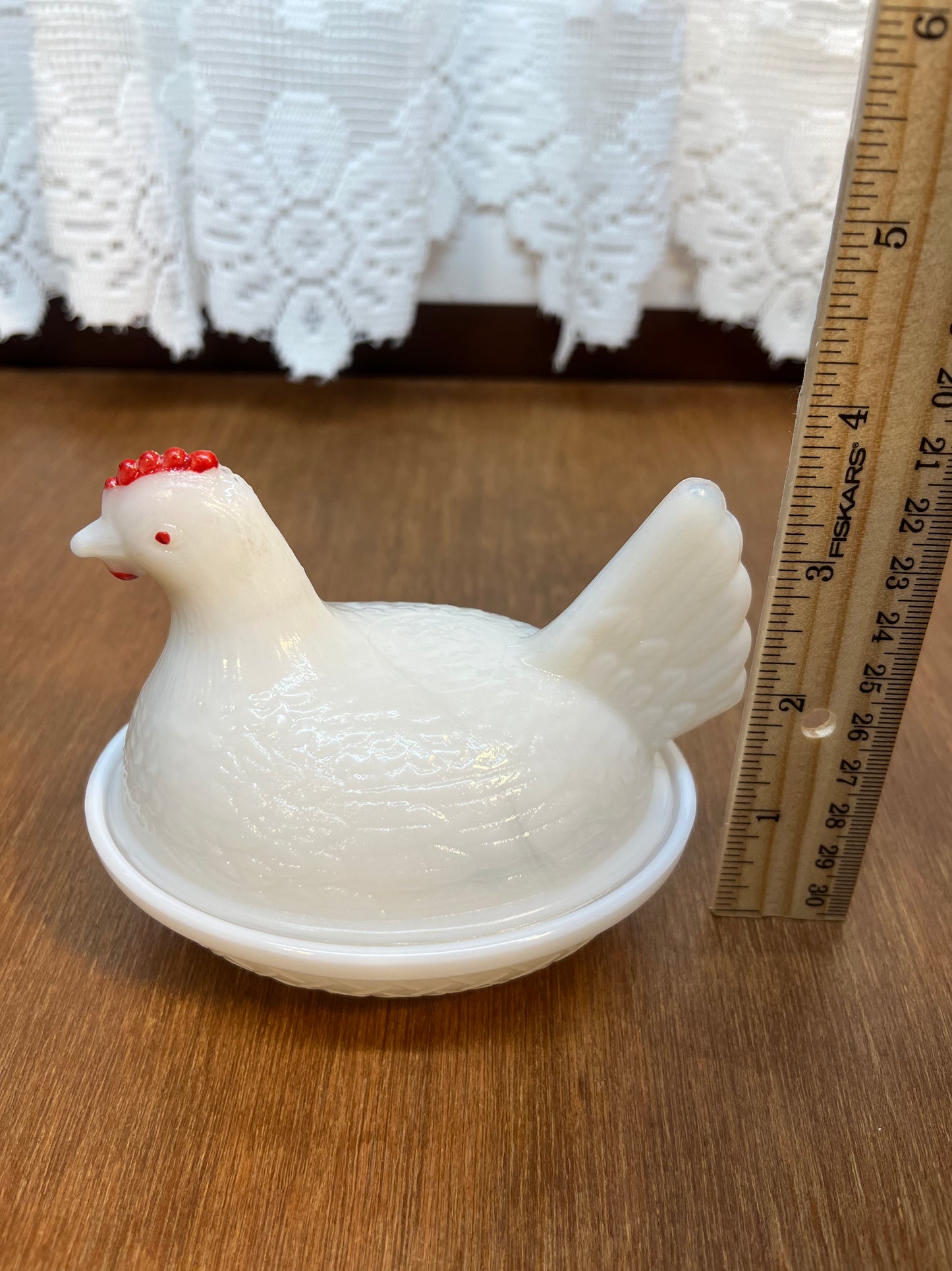 Vintage Red Comb Milk Glass Nesting Hen Trinket