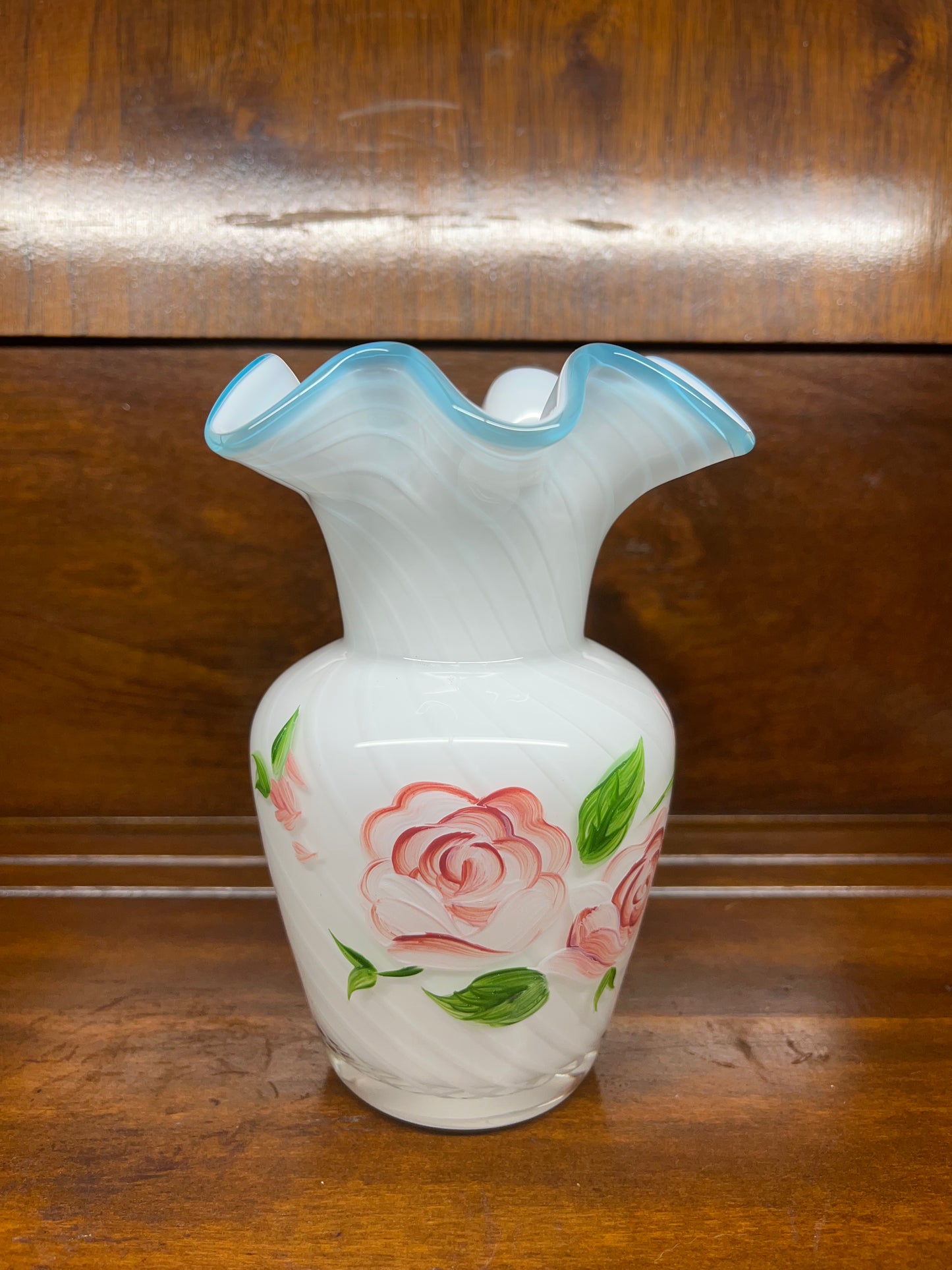 Vintage Ruffle Top Blue Crest White Hand Painted Rose