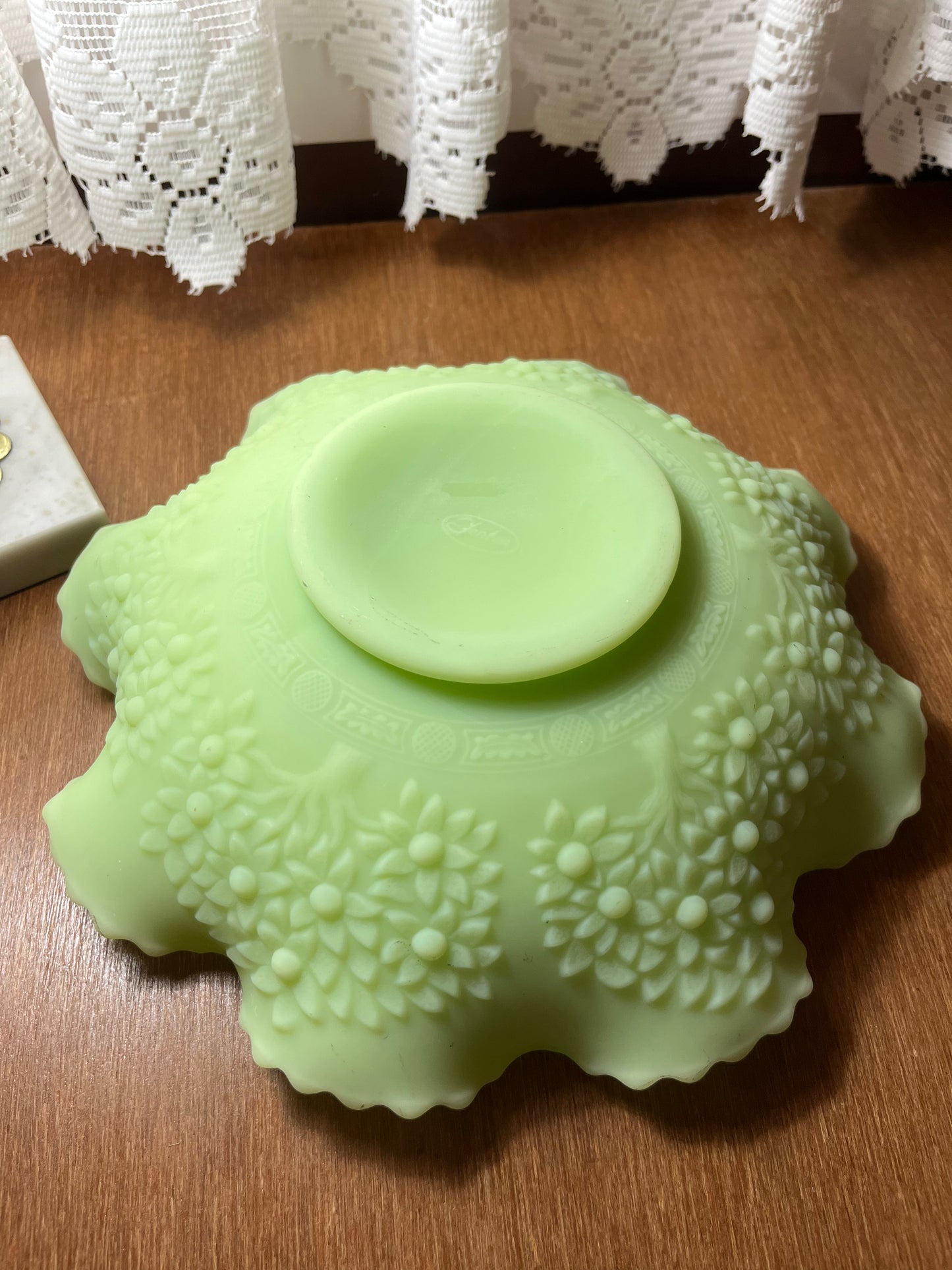 Vintage Fenton Satin Persian Medallion Uranium Ruffle Top Floral Pattern Candy Bowl