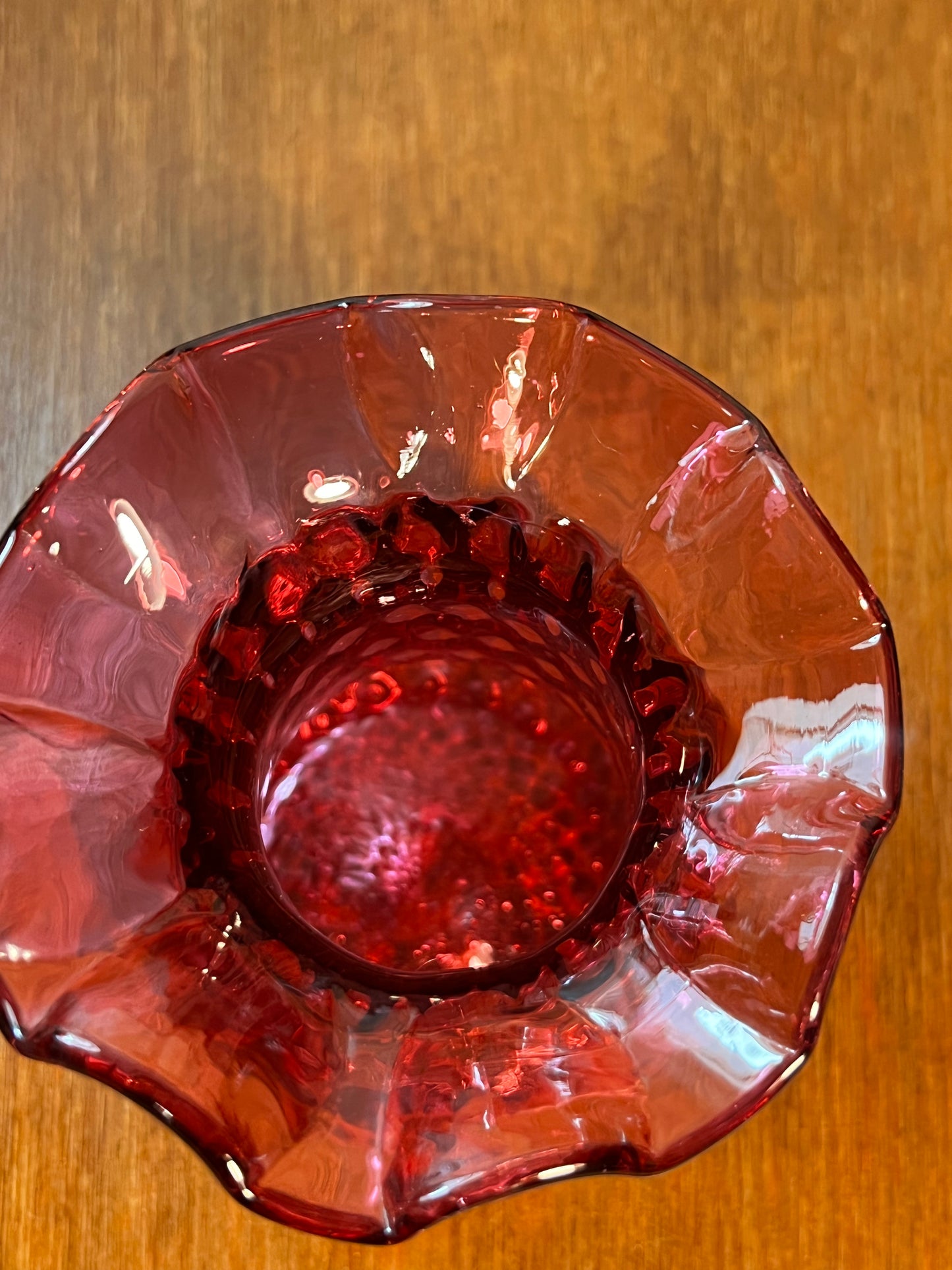 Vintage Cranberry Ruffle Top Textured Vase