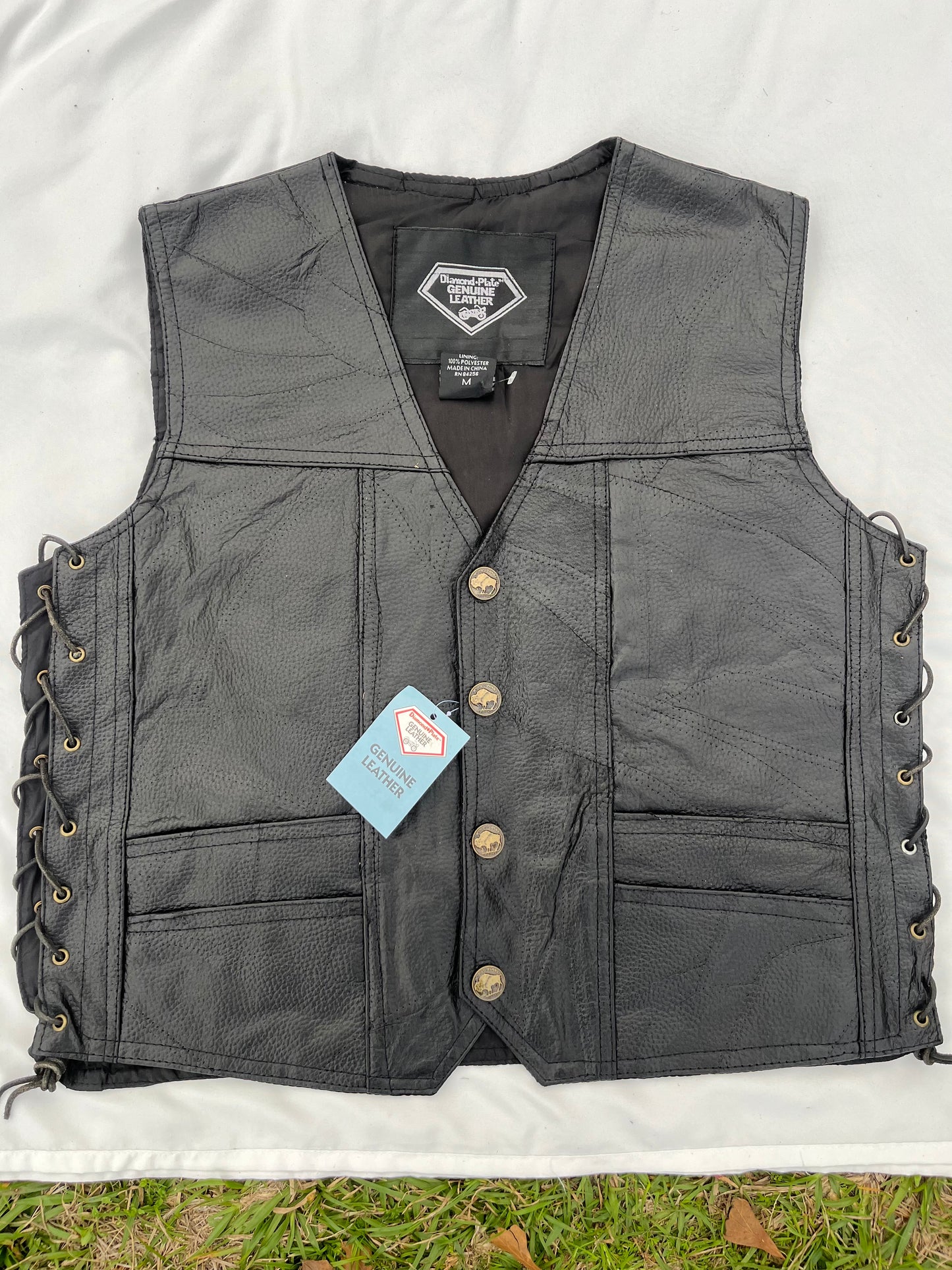 Diamond Plate Genuine Leather Vest with Eagle M