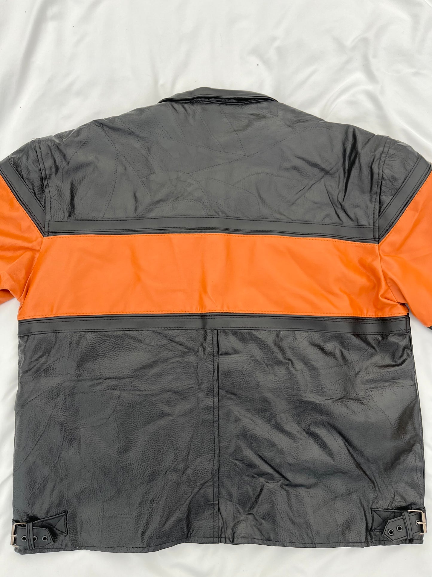 Diamond Plate Genuine Leather Black and Orange Motorcycle Jacket