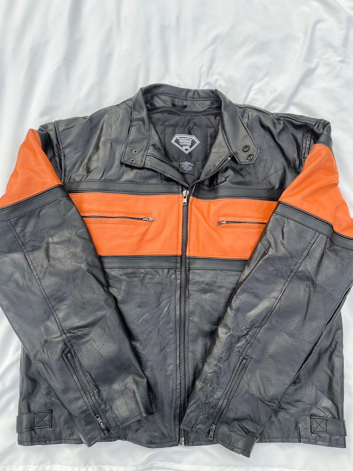 Diamond Plate Genuine Leather Black and Orange Motorcycle Jacket